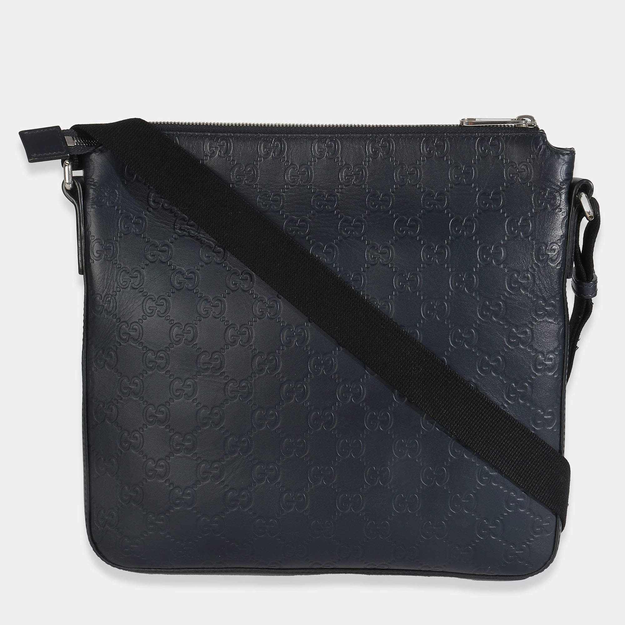 Pre Owned Gucci Blue Guccissima Signature Medium Flat Messenger Bag