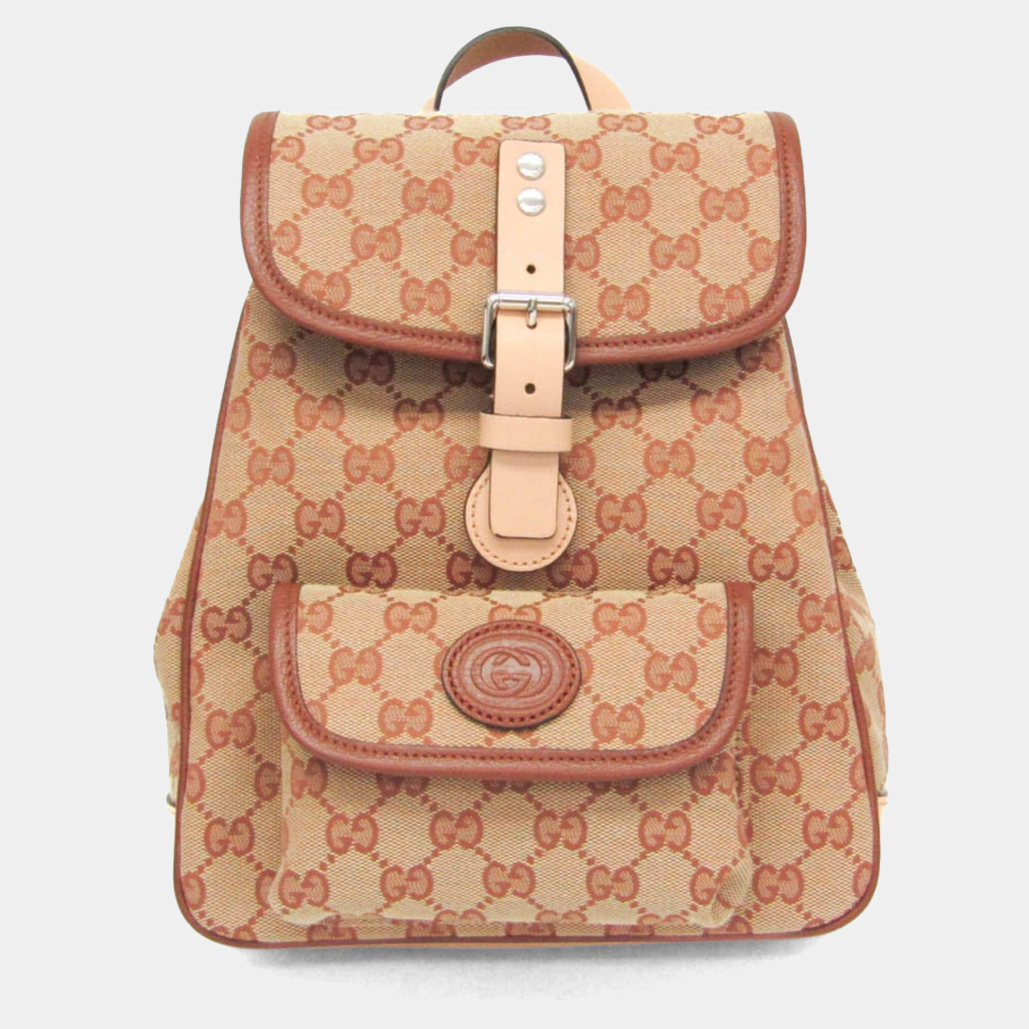 Pre Owned Gucci GG Canvas GG Canvas Leather Backpack Beige Brown