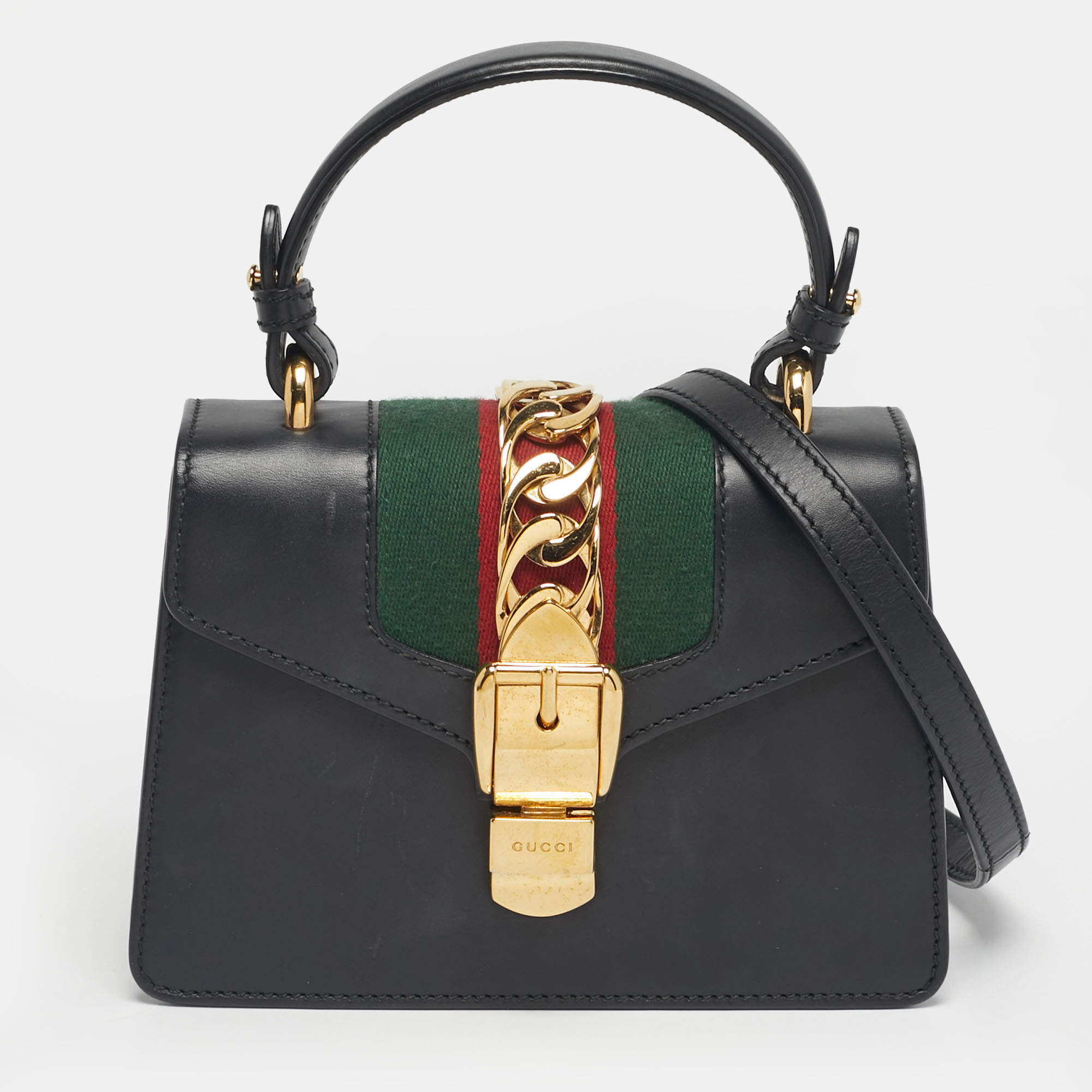 Pre Owned Gucci Black Leather Mini Web Sylvie Top Handle Bag