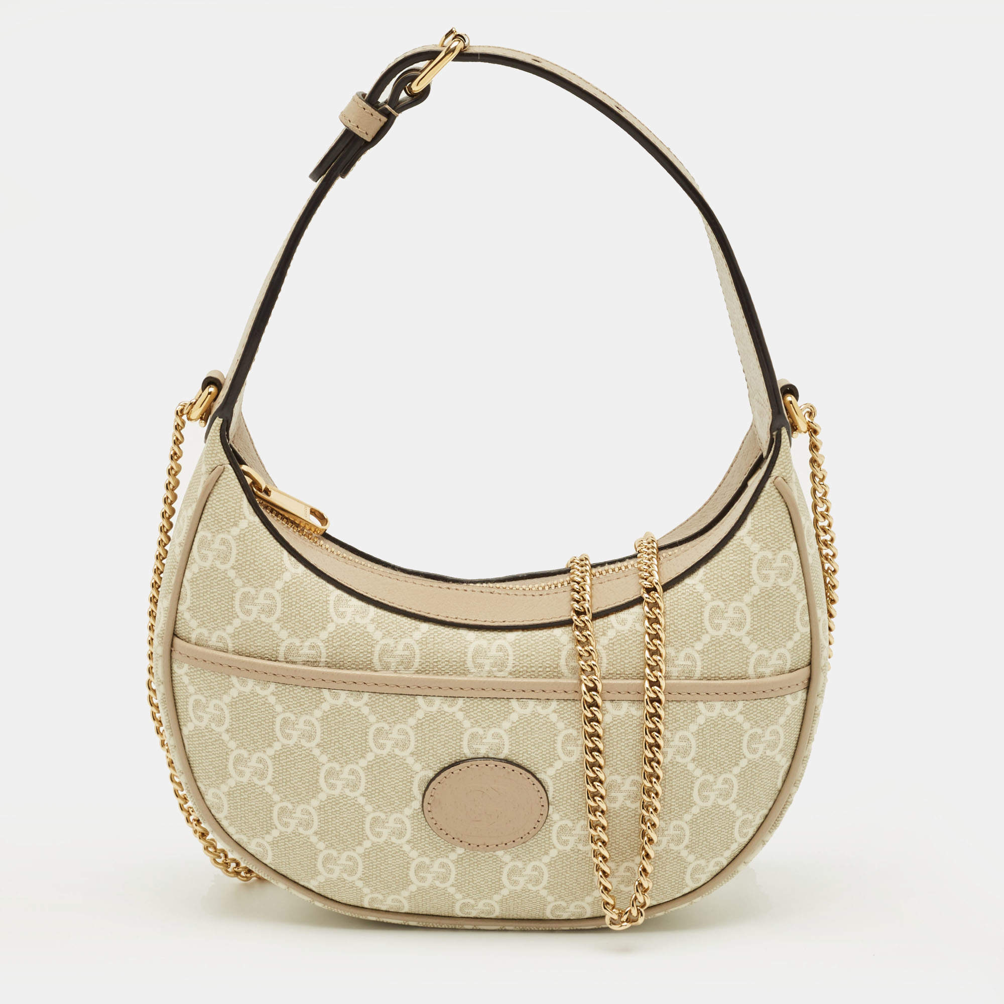 Pre Owned Gucci Beige/Off White GG Supreme Canvas Mini Half Moon Shoulder Bag 