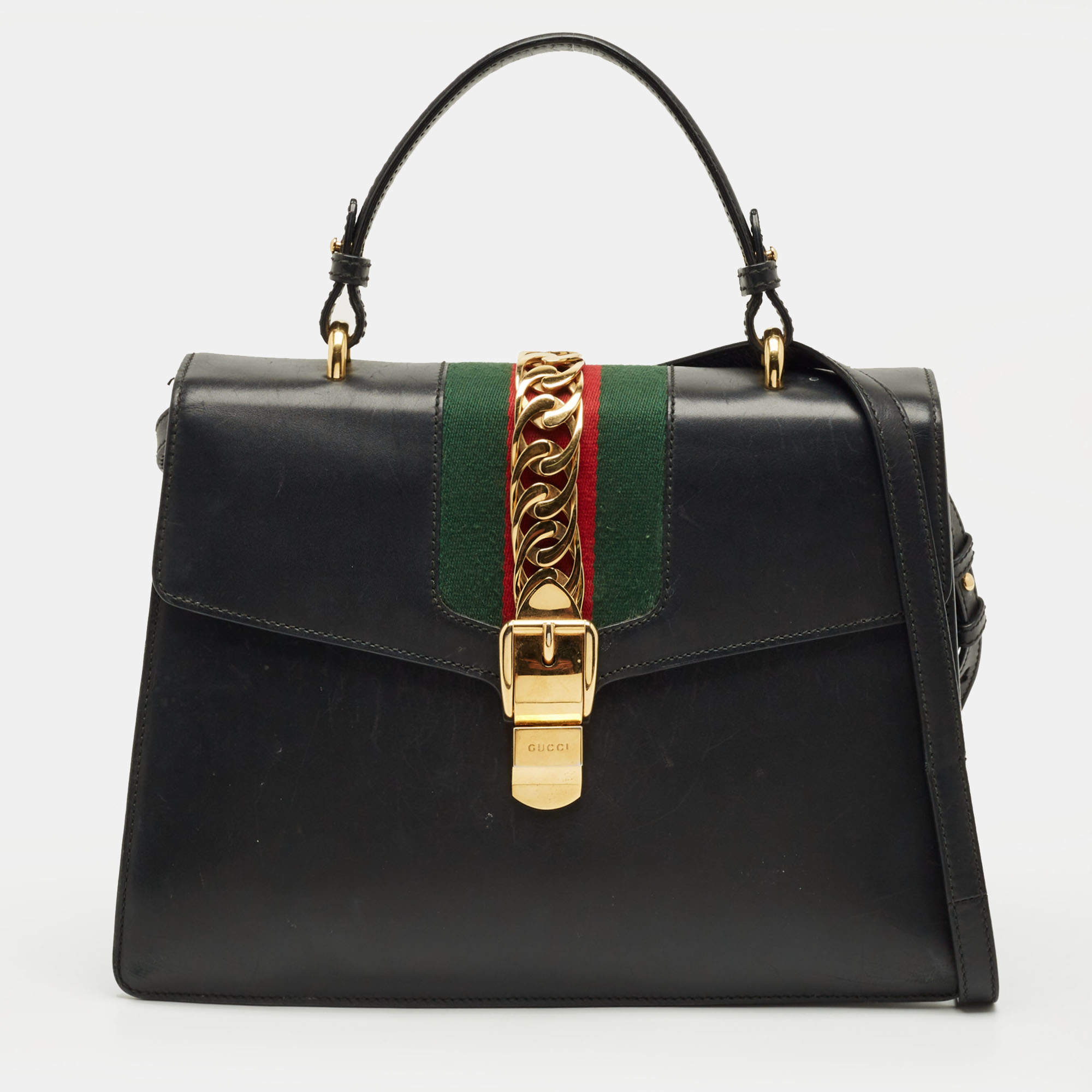 Pre Owned Gucci Black Leather Medium Web Sylvie Top Handle Bag