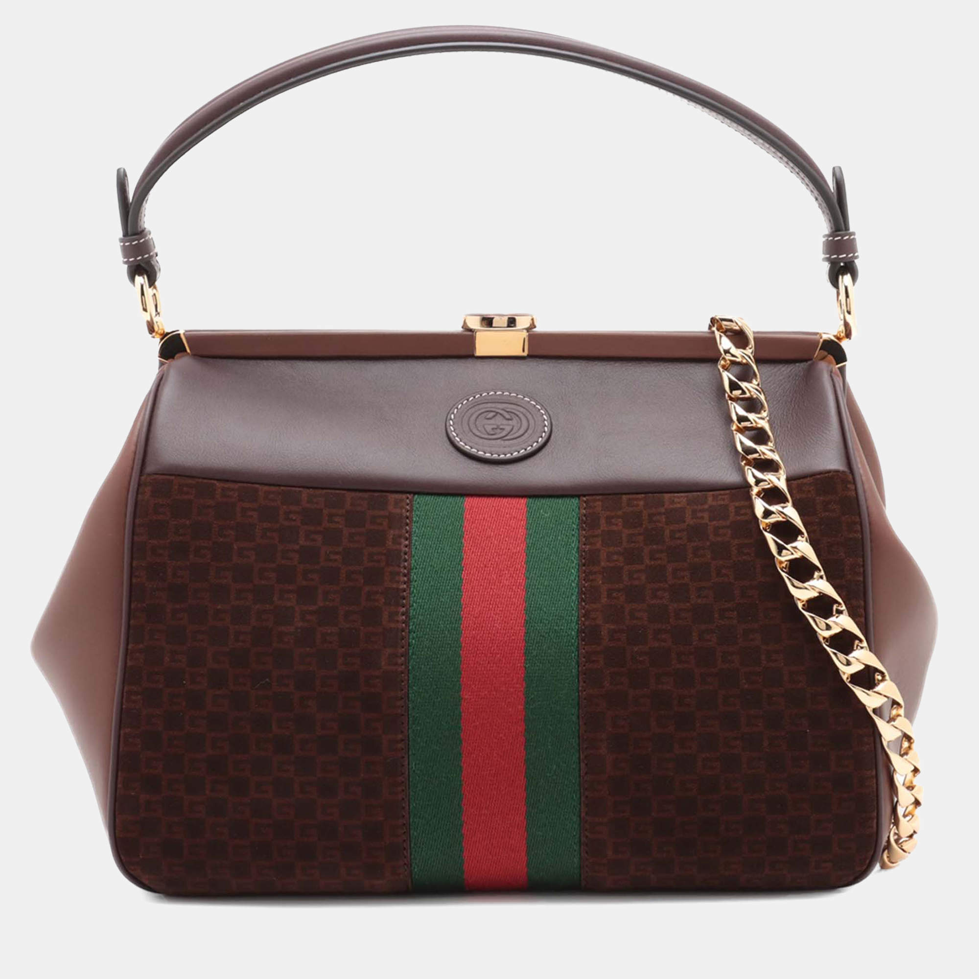Pre Owned Gucci Brown G Square Suede Ophidia Virgo Top Handle Bag