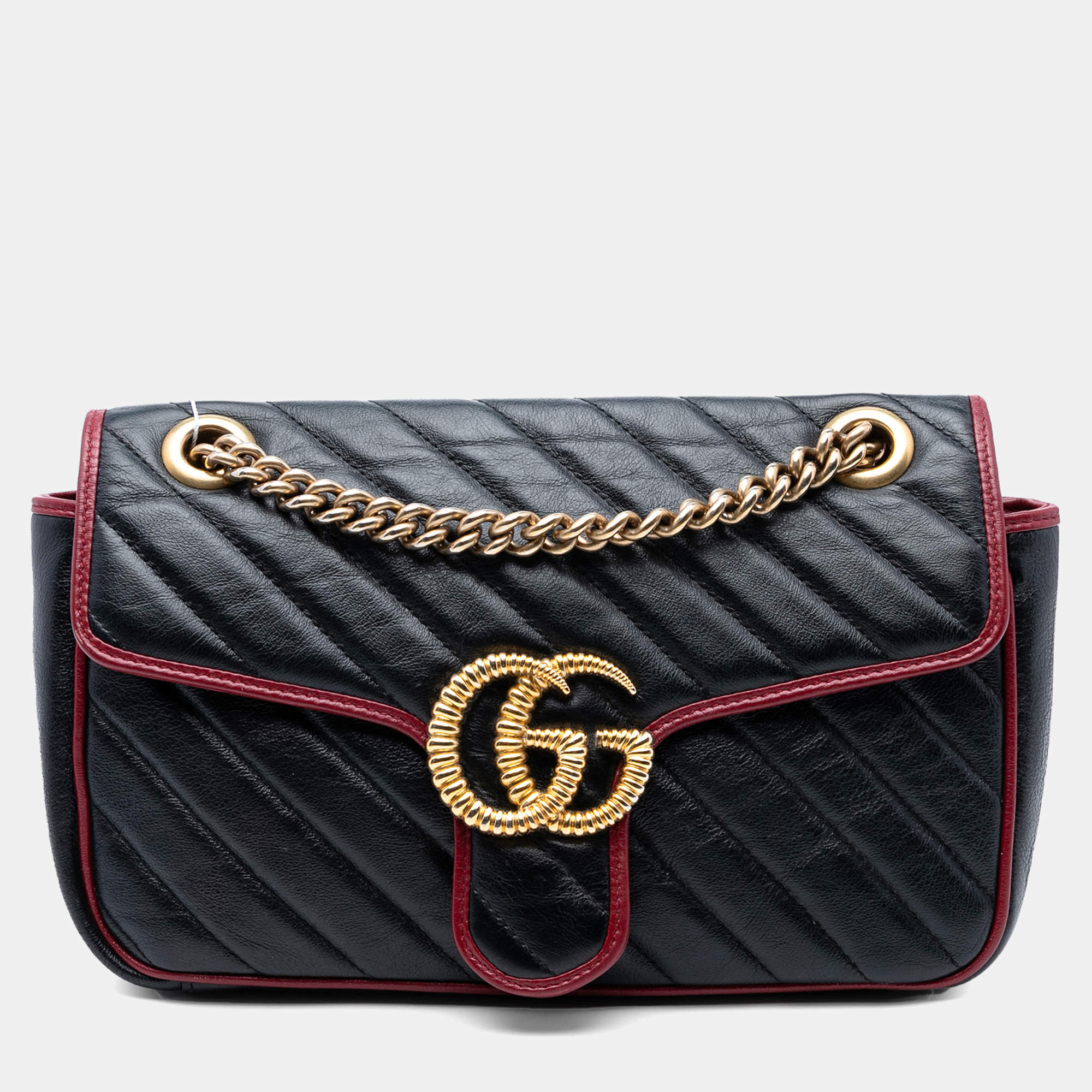 Pre Owned Gucci Black Medium GG Marmont Matelasse Diagonal Leather Torchon Shoulder Bag