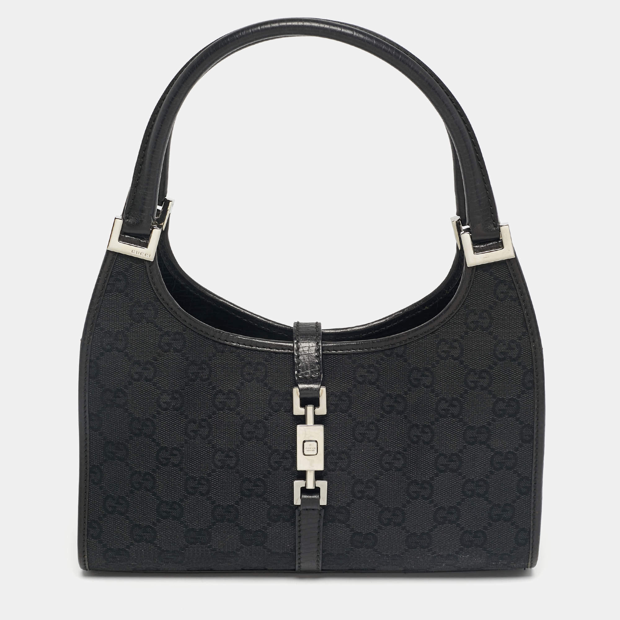Pre Owned Gucci Black GG Canvas and Leather Jackie Bardot Bag