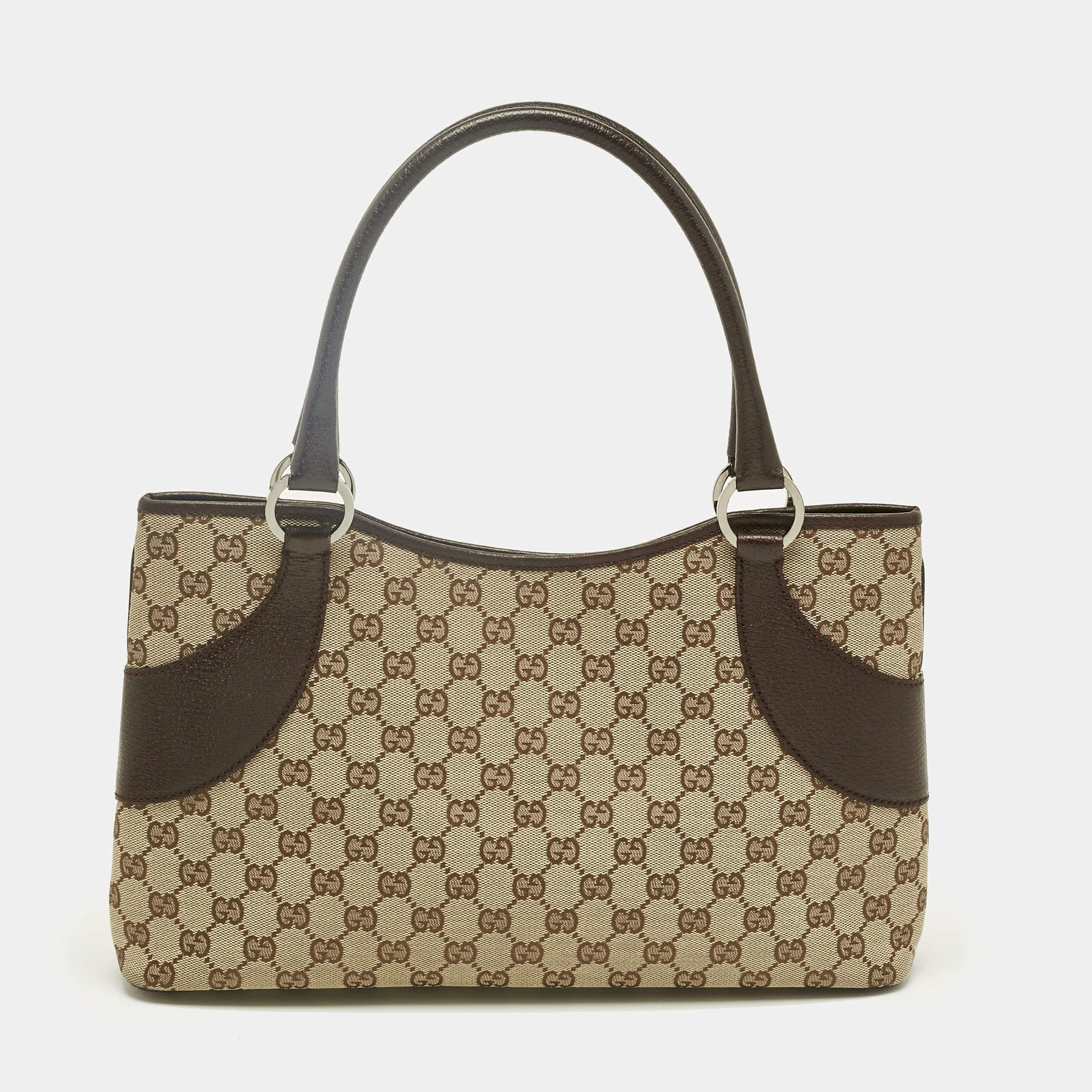 Pre Owned Gucci Dark Brown/Beige Canvas and Leather Tote