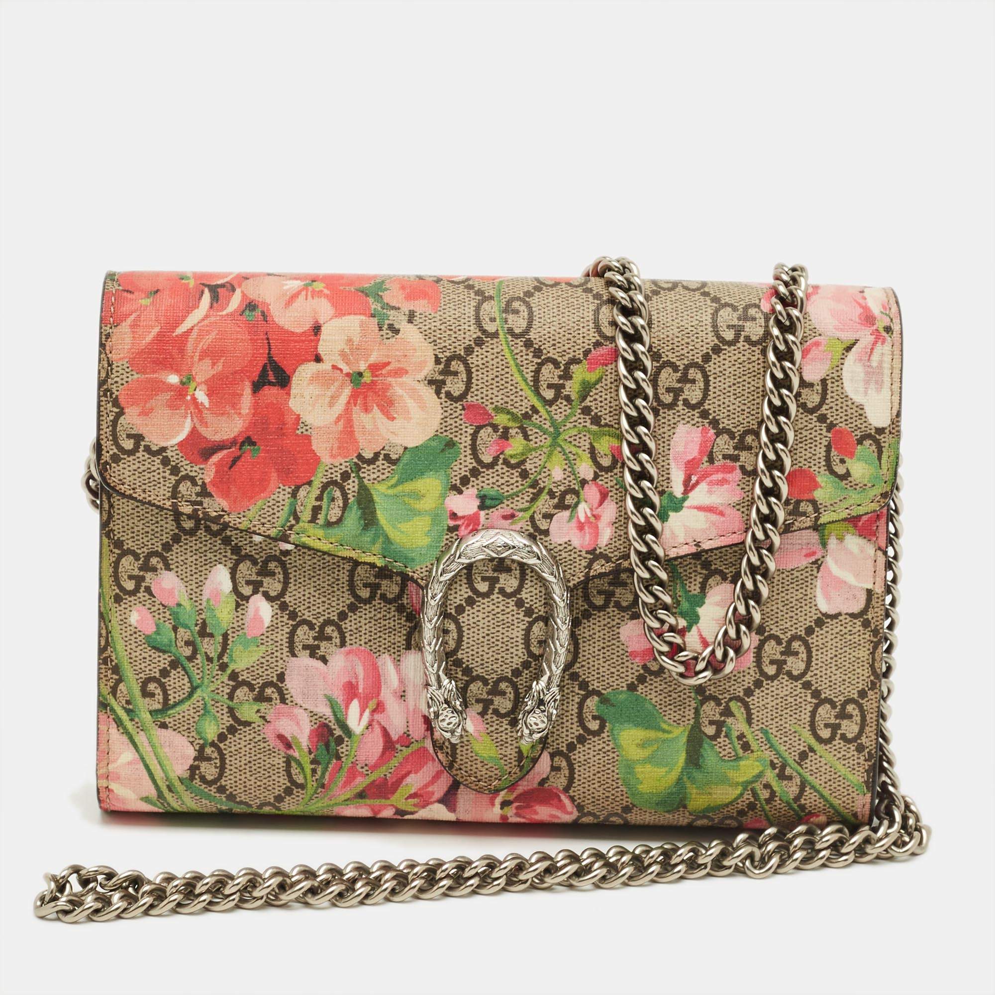 Pre Owned Gucci Old Rose/Beige GG Supreme Canvas and Leather Dionysus Blooms Wallet on Chain