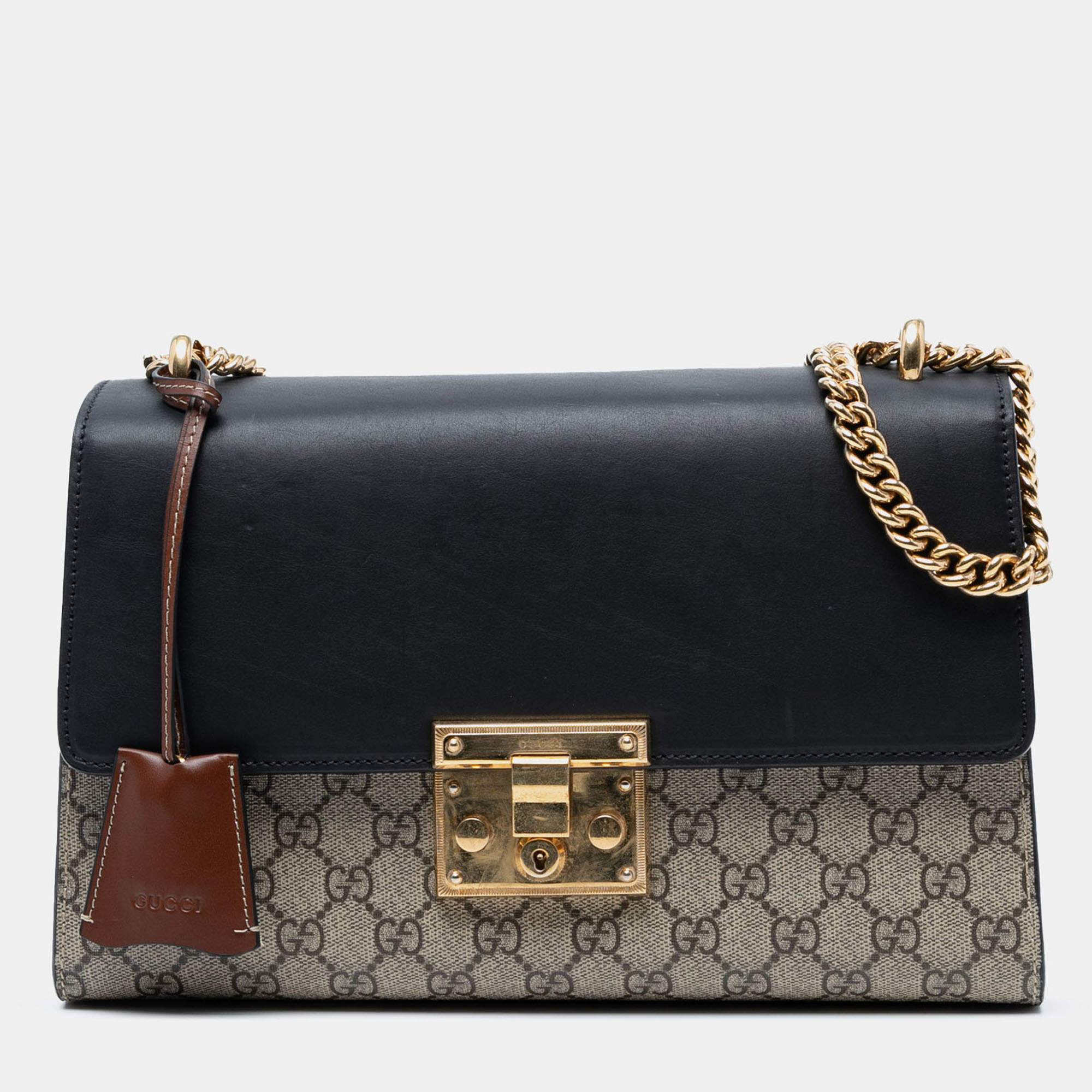 Pre Owned Gucci Beige Brown Medium GG Supreme Padlock Shoulder Bag