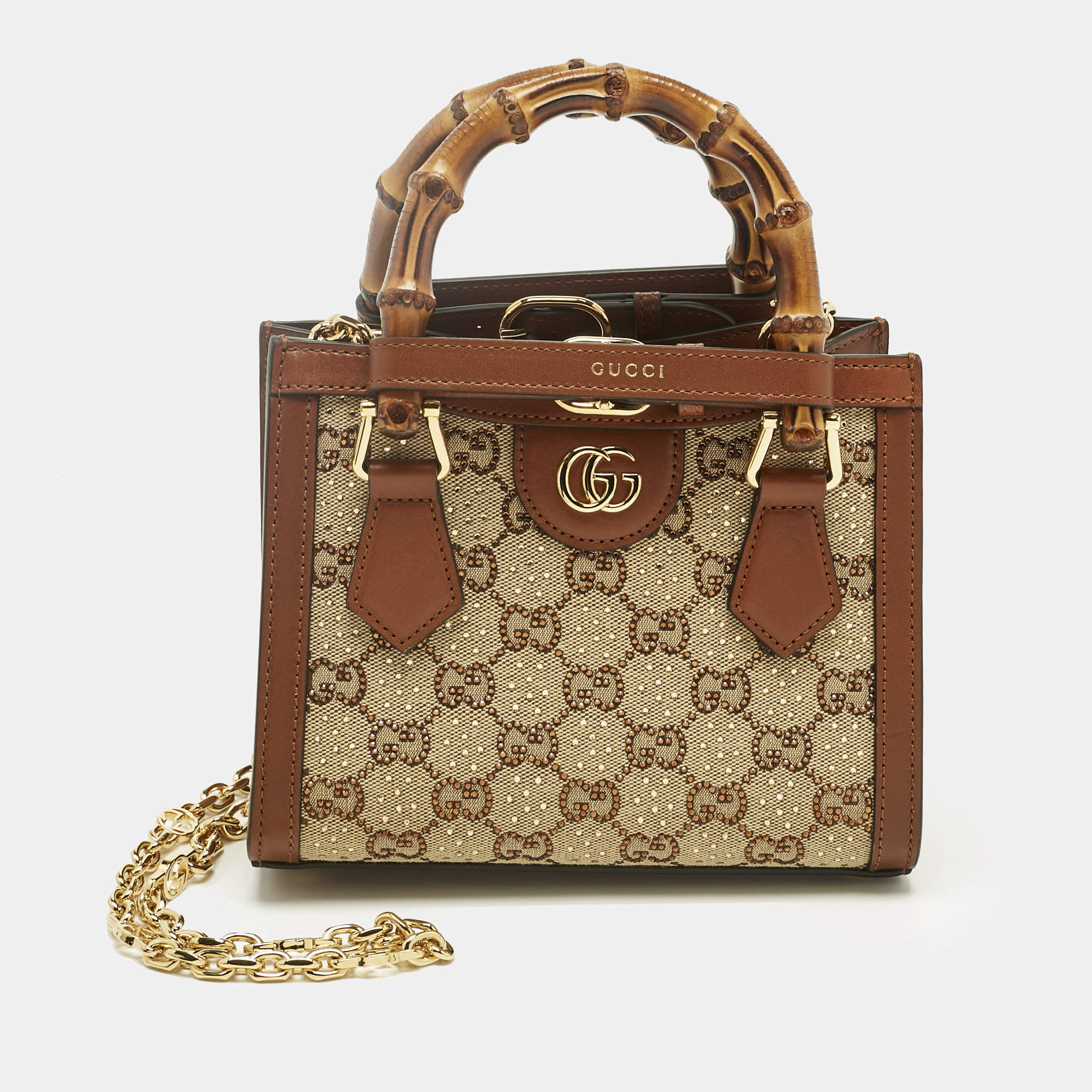 Pre Owned Gucci Brown/Beige GG Canvas Mini Crystal Diana Tote