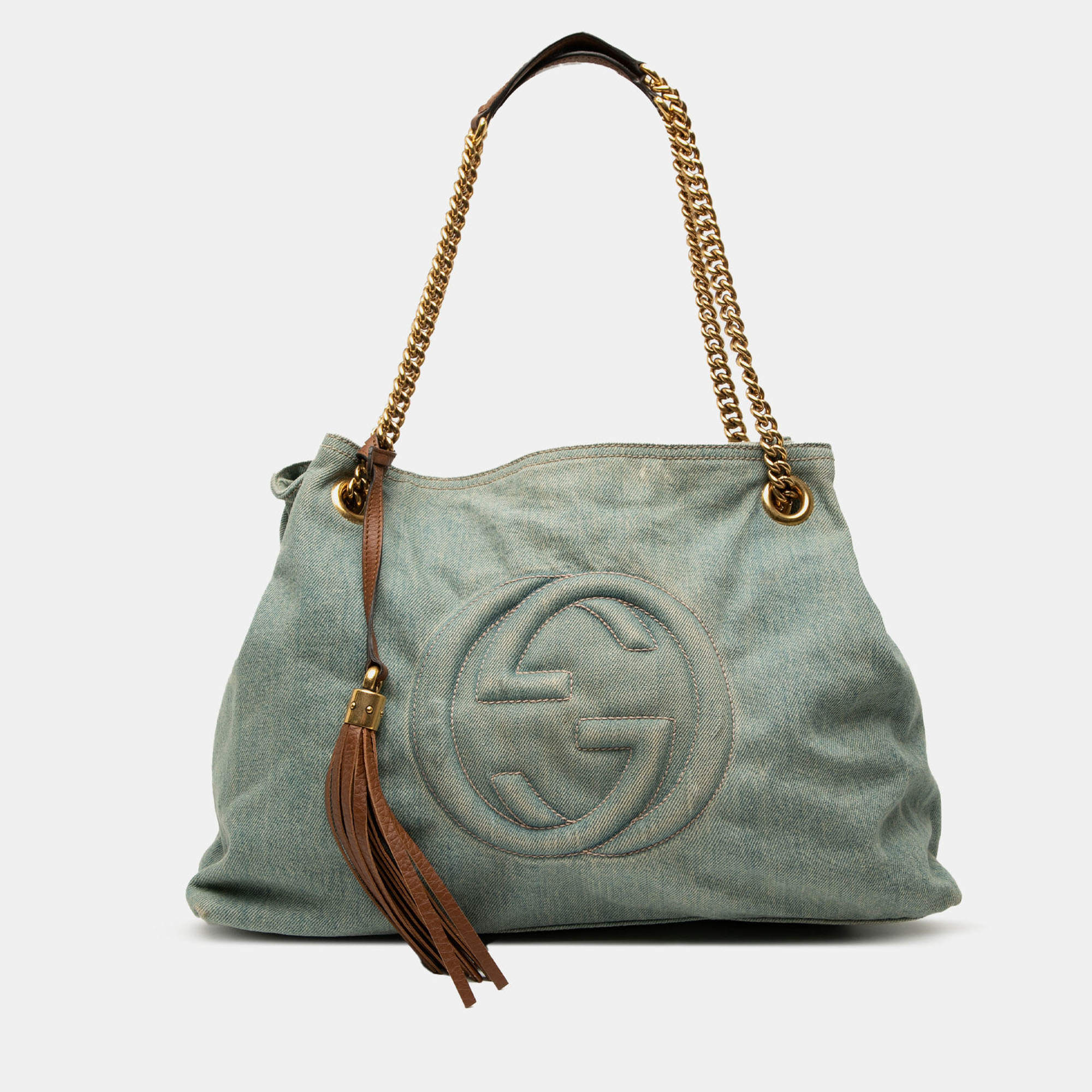 Pre Owned Gucci Blue Medium Denim Soho Chain Tote