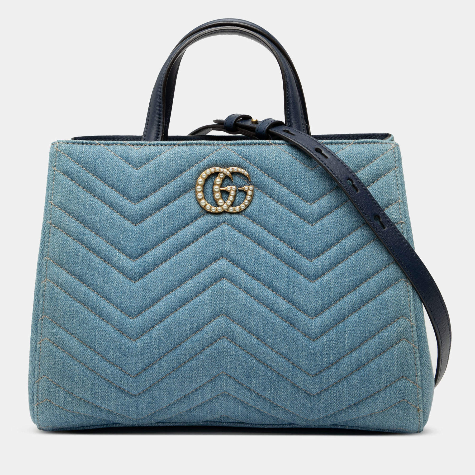 Pre Owned Gucci Blue Small GG Marmont Matelasse Denim Pearly Satchel