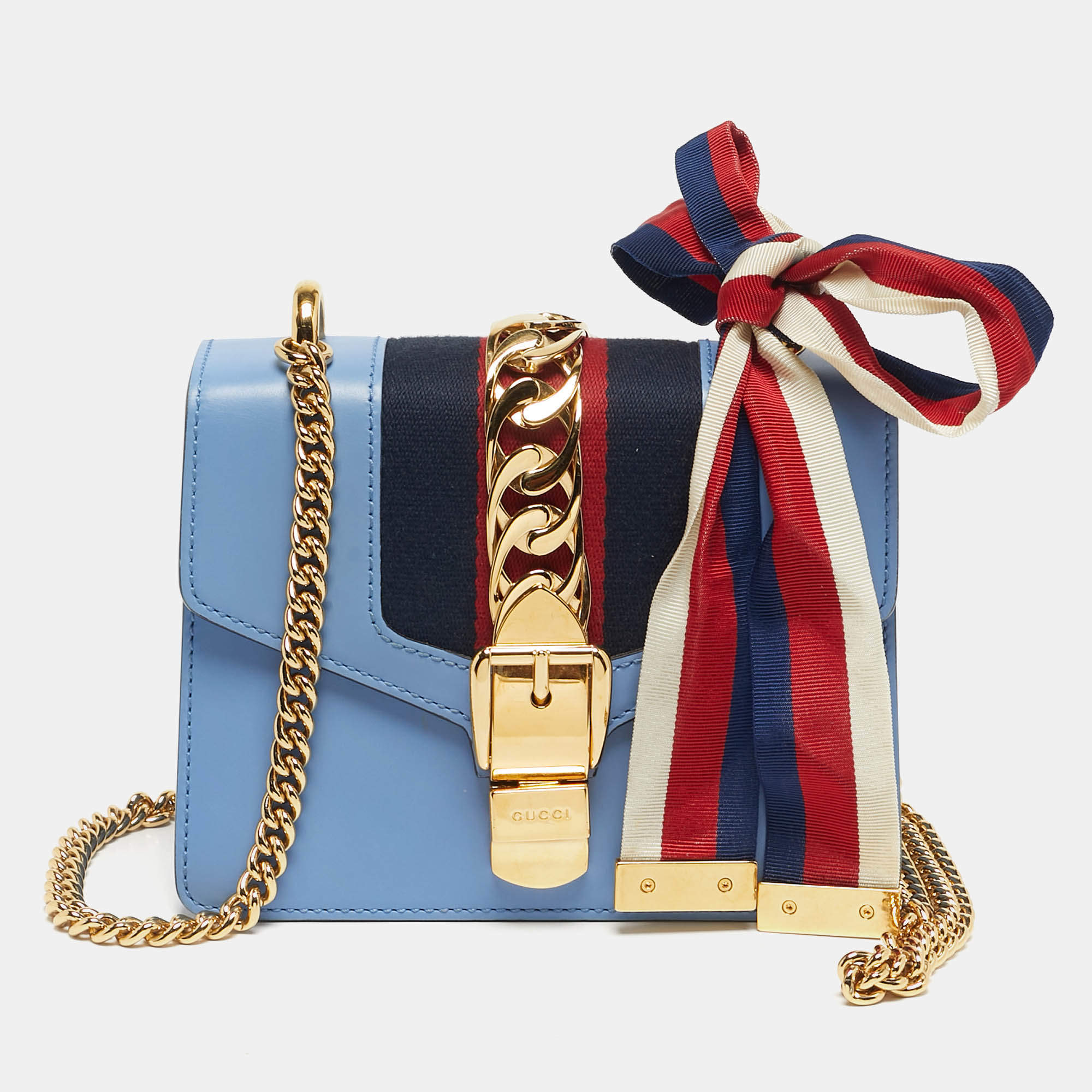Pre Owned Gucci Light Blue Leather Mini Web Chain Sylvie Shoulder Bag