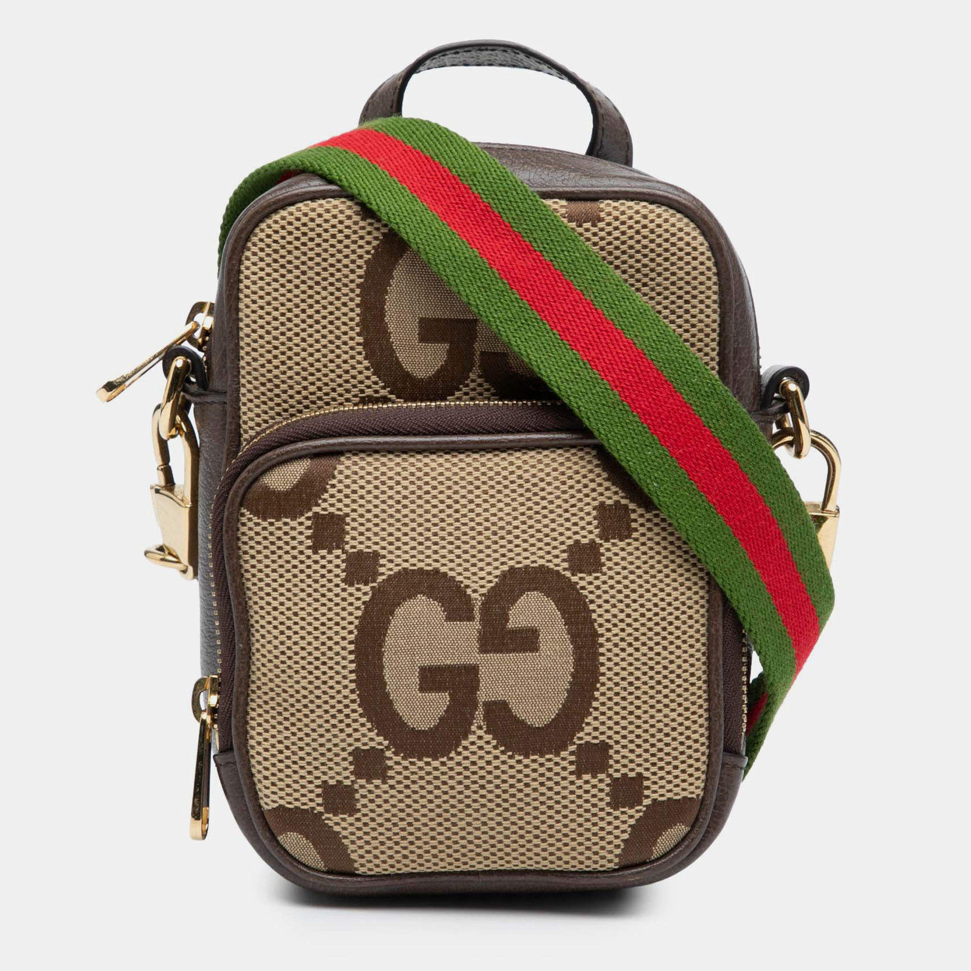 Pre Owned Gucci Beige Brown Micro Jumbo GG Canvas Web Top Handle Bag