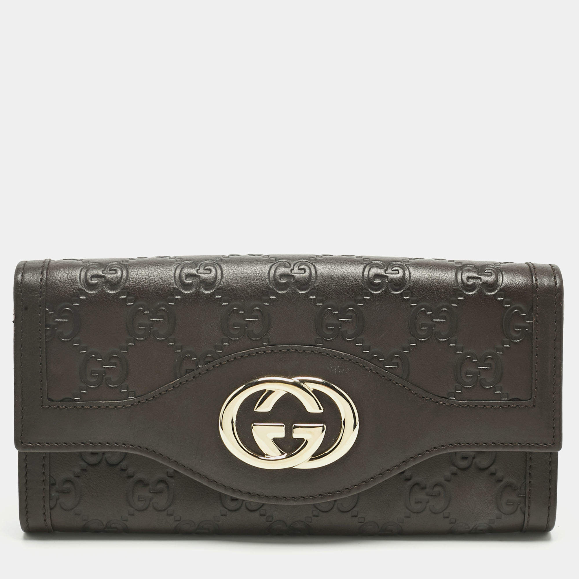 Pre Owned Gucci Dark Brown Guccissima Leather Interlocking G Continental Wallet