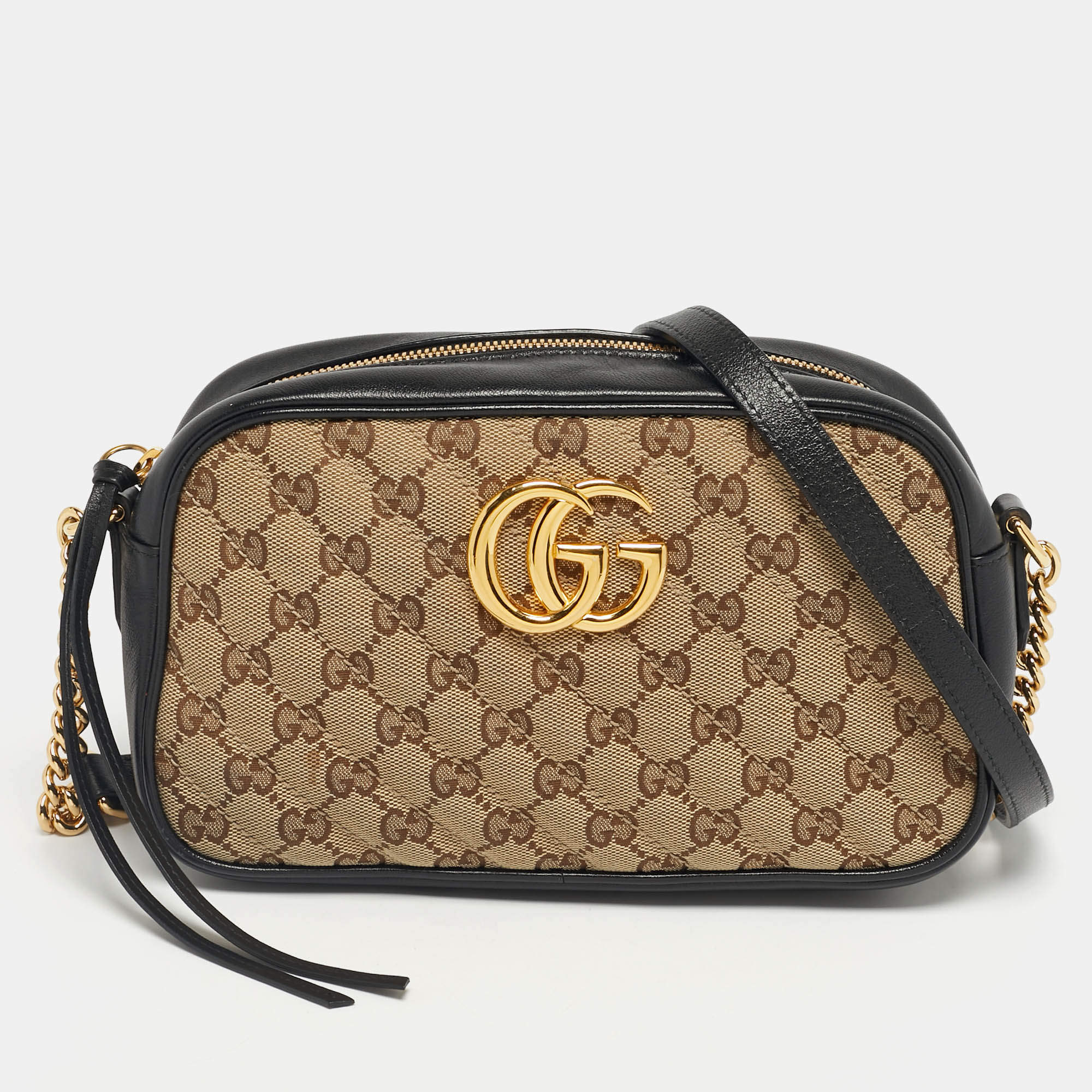 Pre Owned Gucci Black/Beige GG Canvas and Leather Small GG Marmont Camera Bag