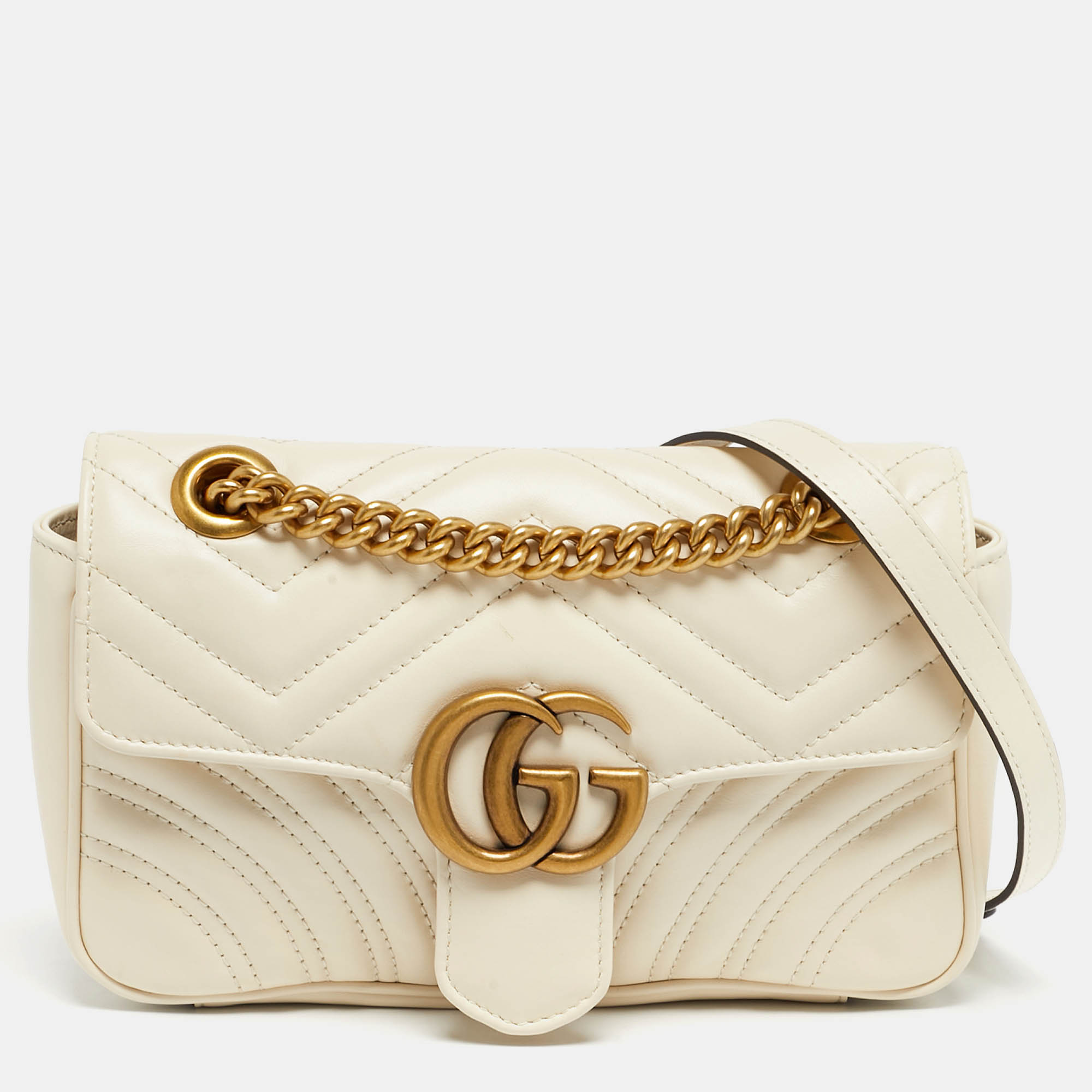 Pre Owned Gucci Off White Matelassé Leather Mini GG Marmont Shoulder Bag
