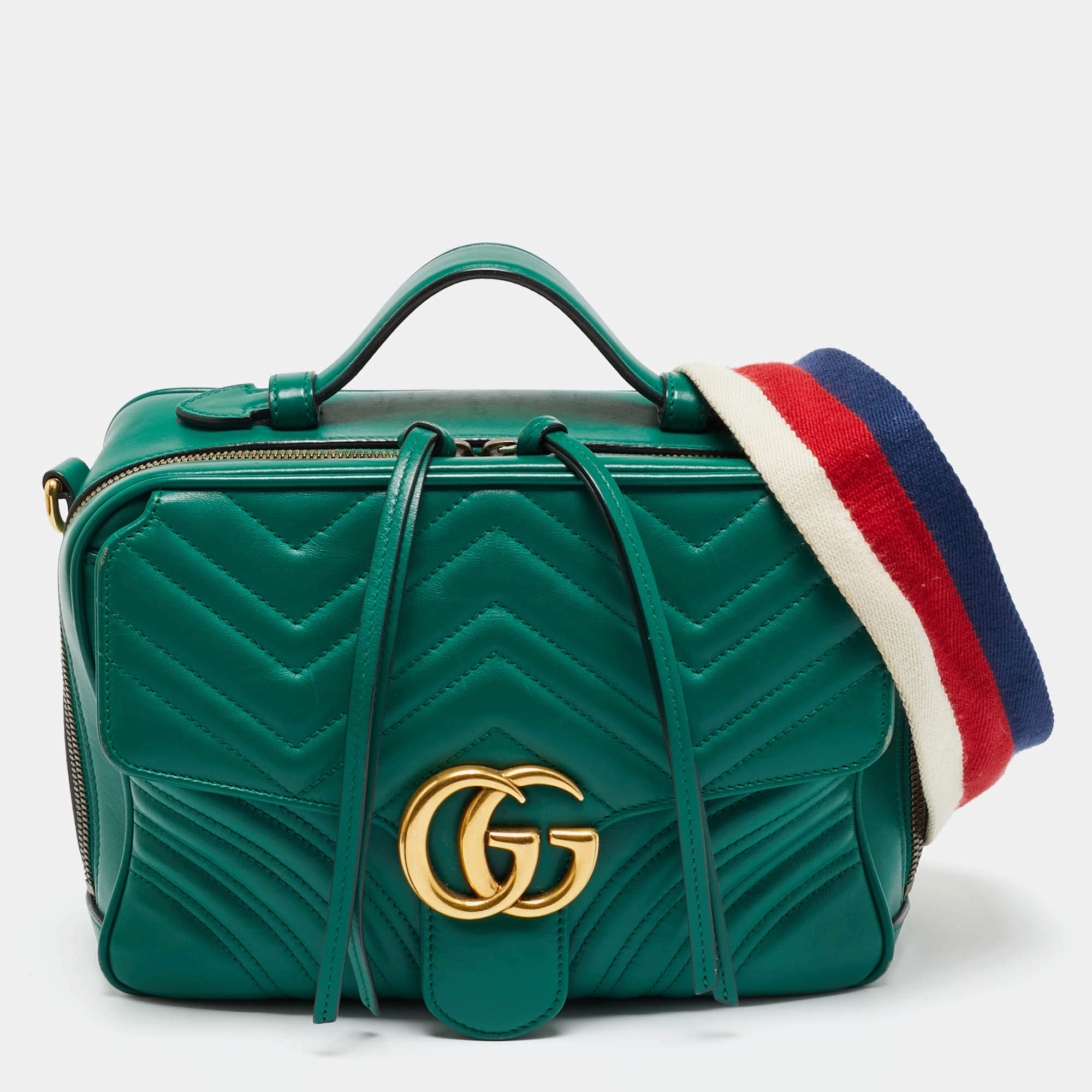 Pre Owned Gucci Green Matelasse Leather GG Marmont Camera Top Handle Bag