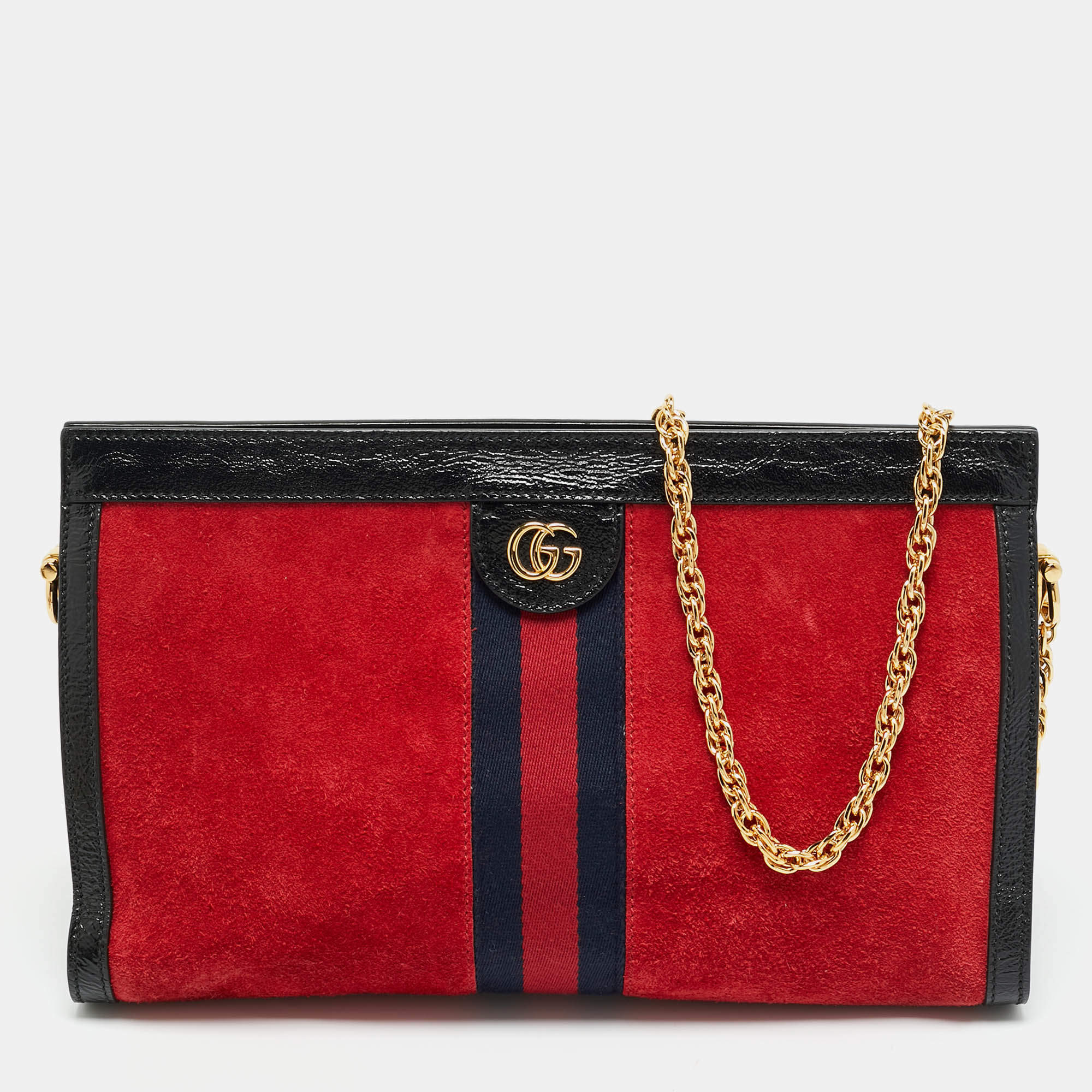 Pre Owned Gucci Red/Black Suede and Patent Leather Medium Ophidia Chain Shoulder Bag
