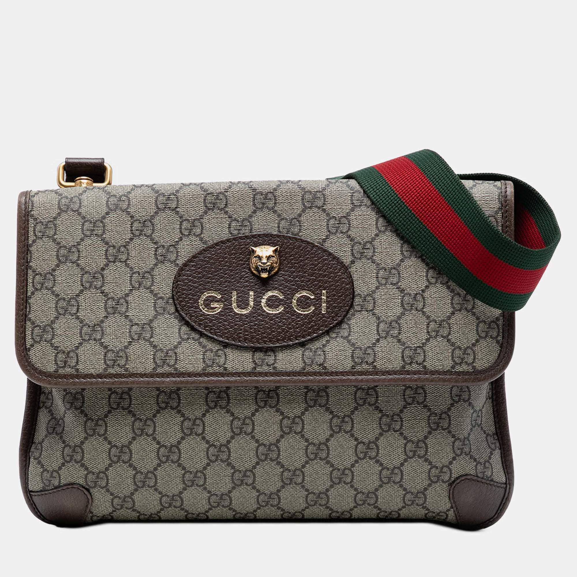 Pre Owned Gucci Brown Medium GG Supreme Web Neo Vintage Double Flap Messenger Bag
