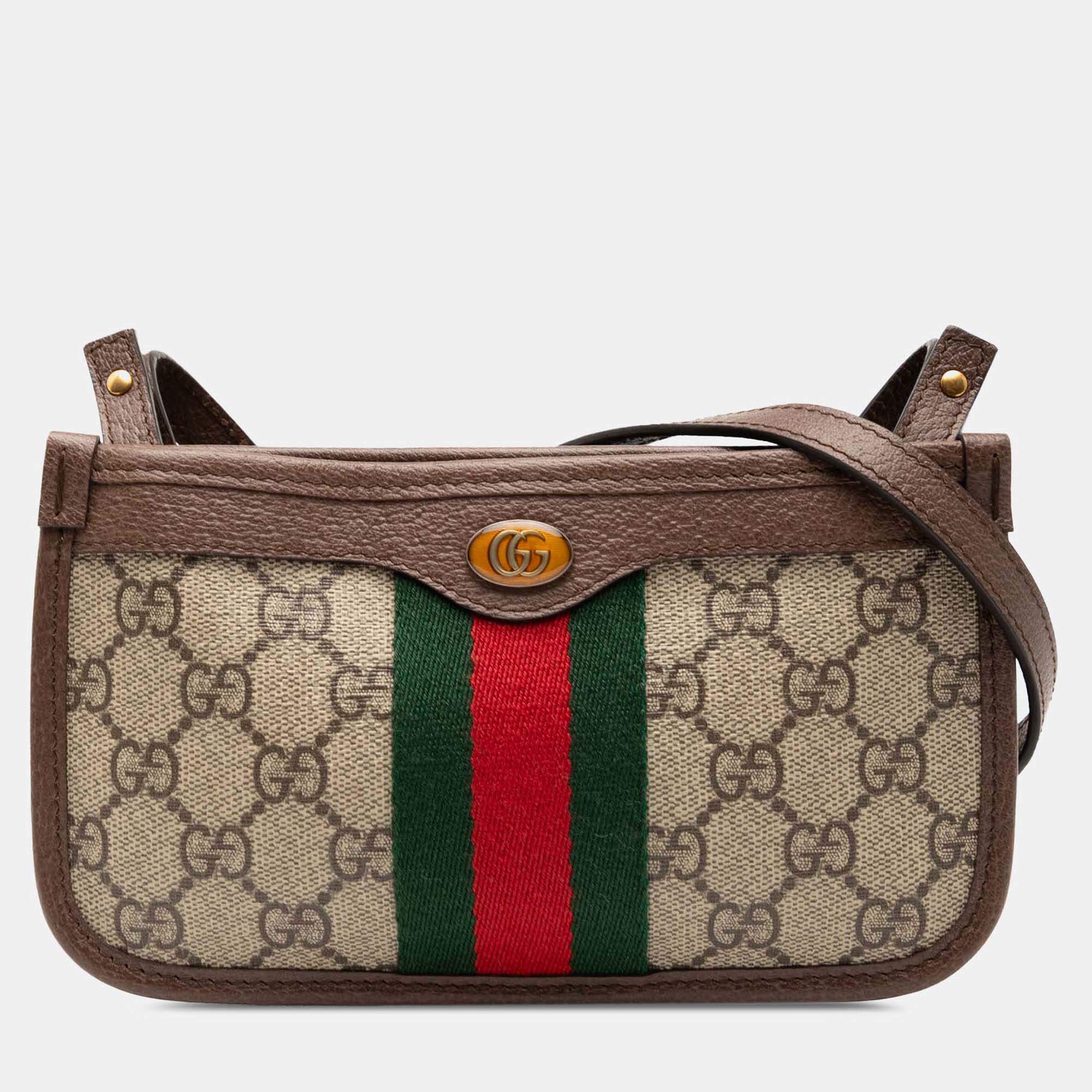 Pre Owned Gucci Beige Brown GG Supreme Web Ophidia Crossbody