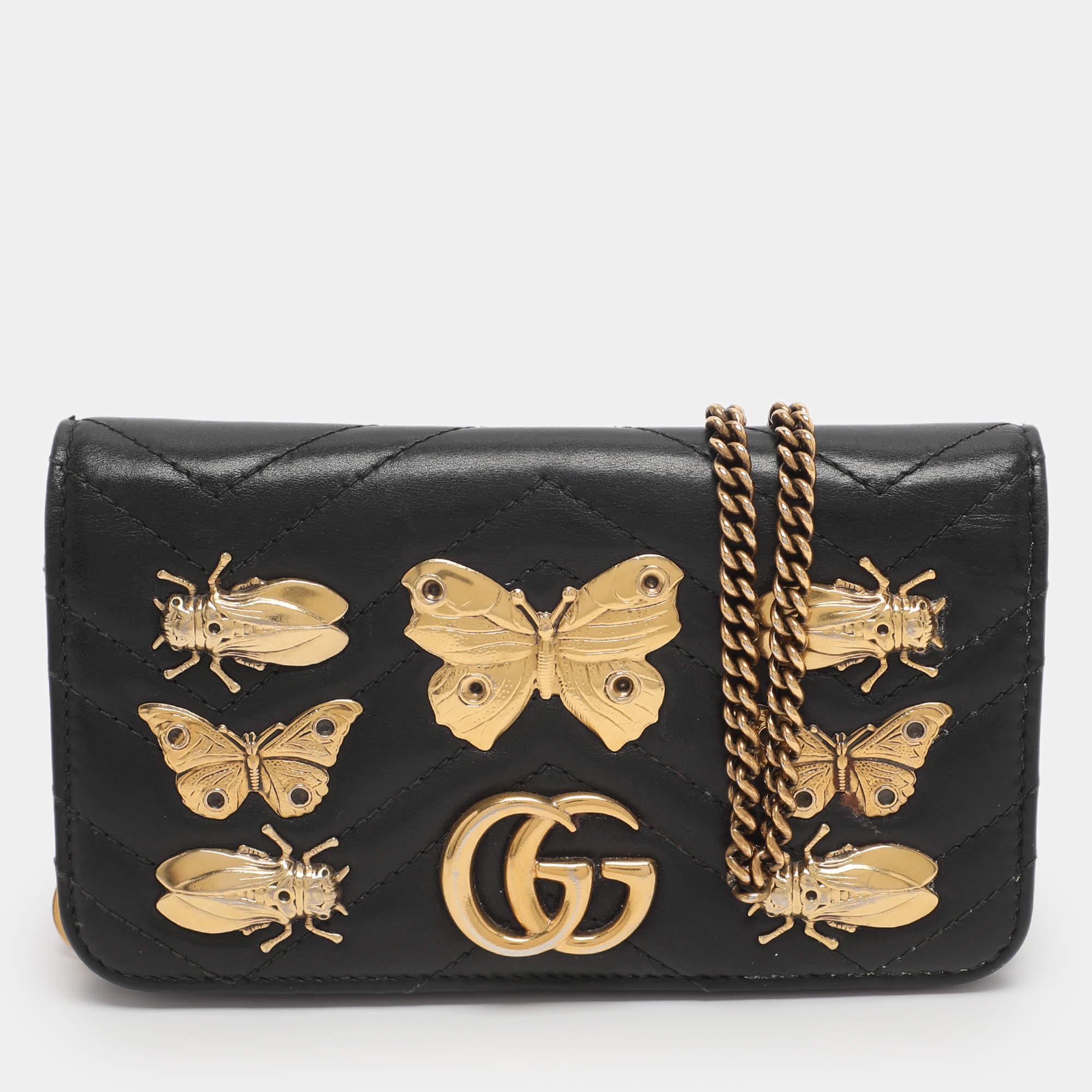 Pre Owned Gucci Black Animal Studs Matelasse Leather Mini GG Marmont Chain Clutch