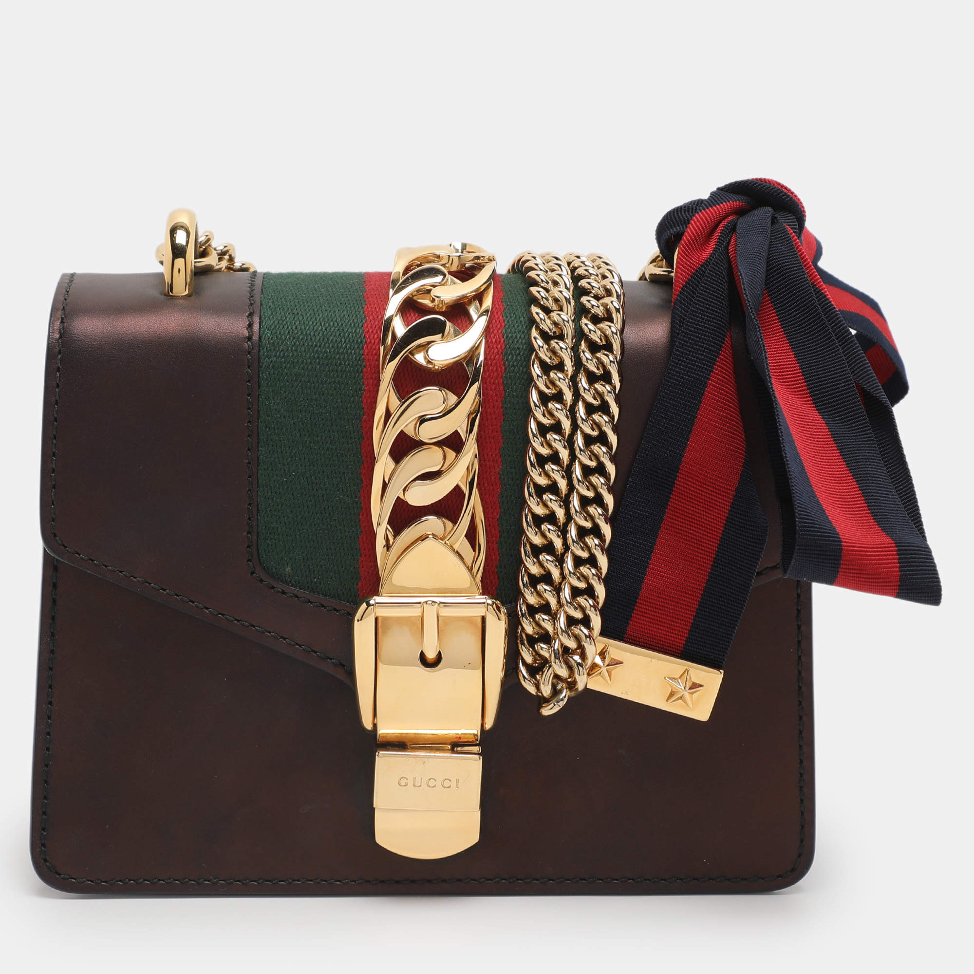 Pre Owned Gucci Metallic Black Leather Mini Web Chain Sylvie Crossbody Bag