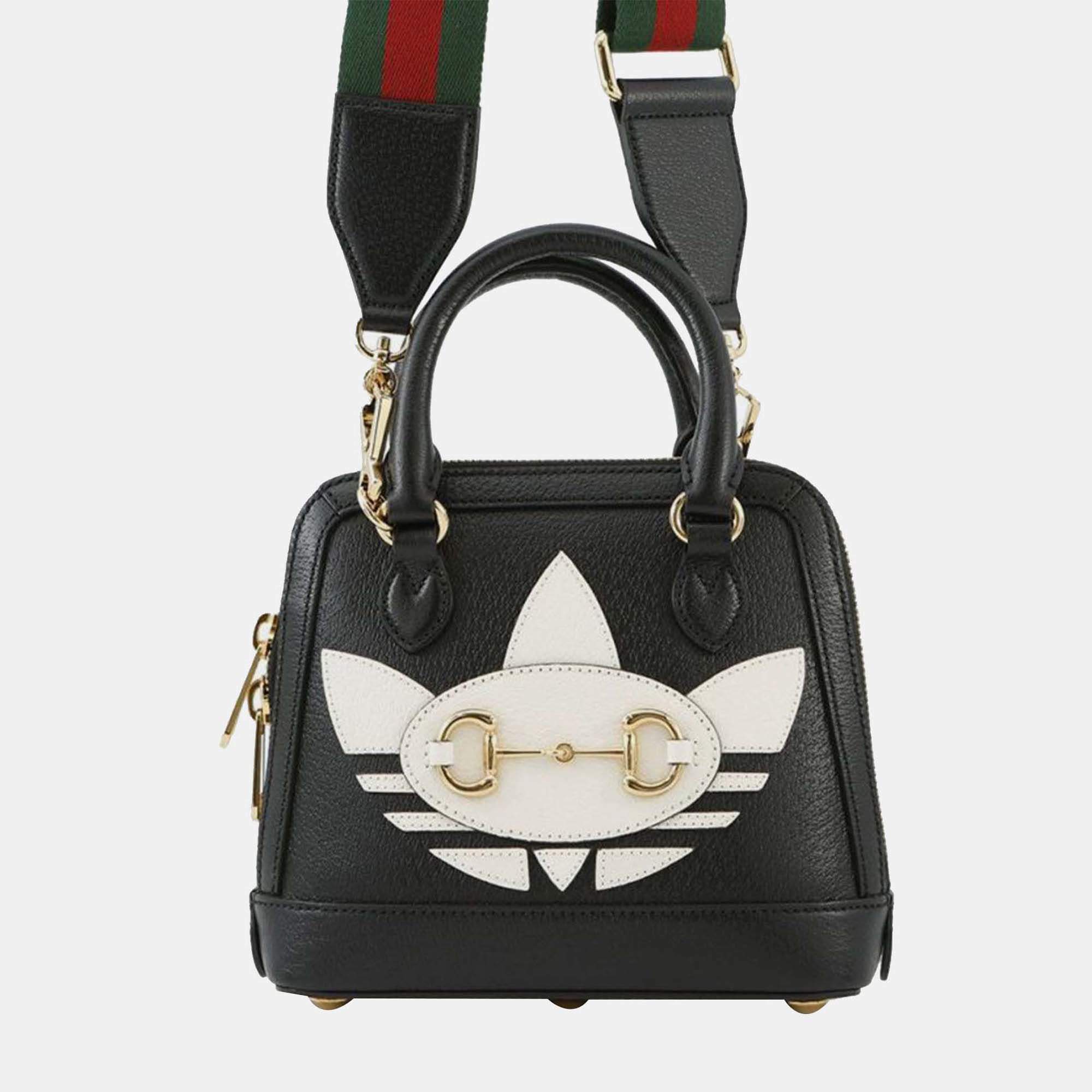 Pre Owned Gucci Black Adidas Mini Leather Horsebit 1955 Top Handle Bag