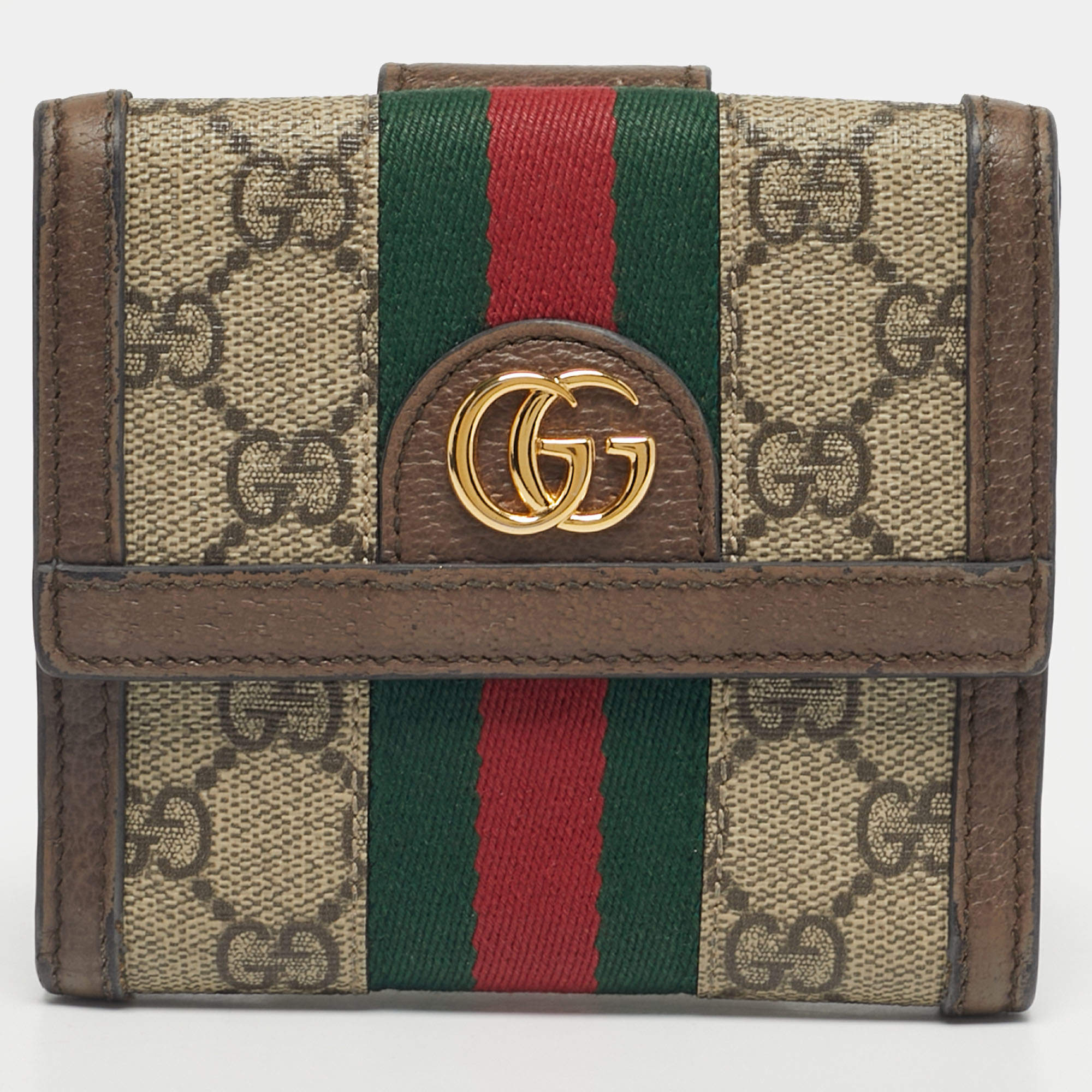 Pre Owned Gucci Beige/Ebony GG Supreme Canvas and Leather Ophidia French Wallet