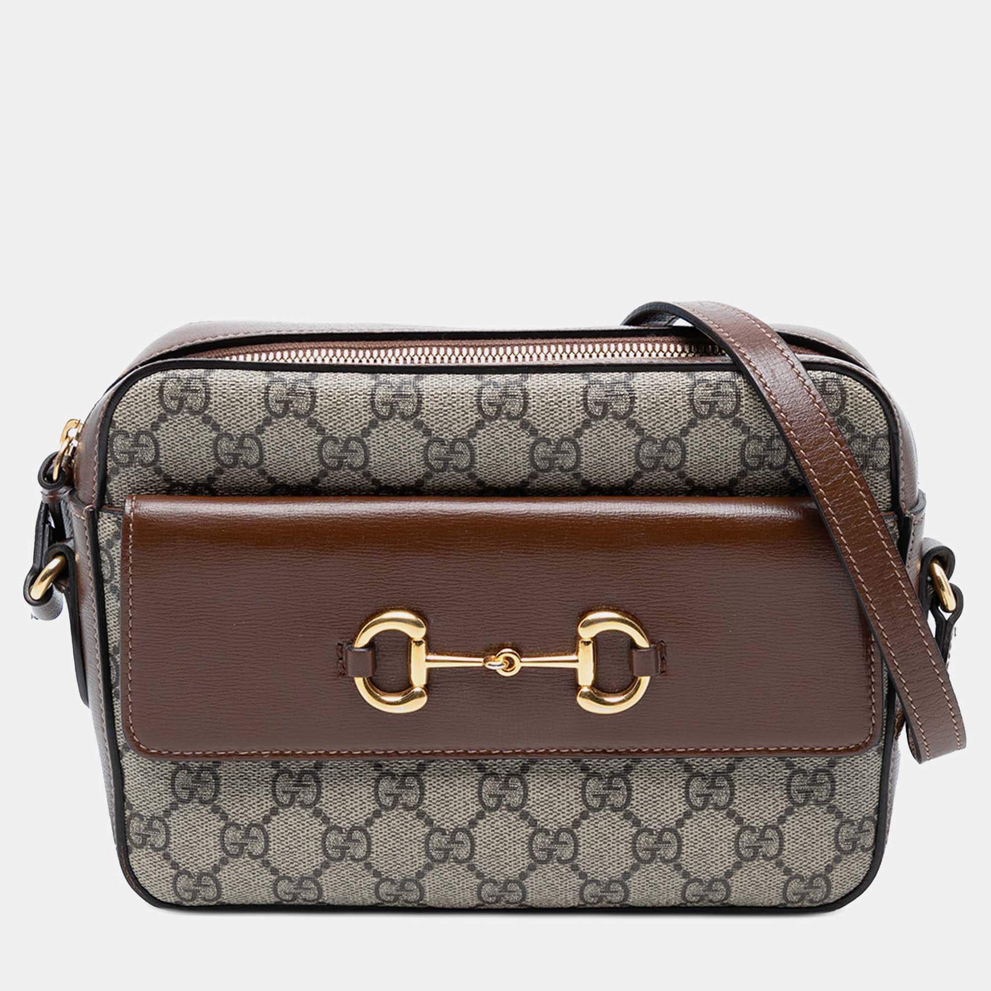 Pre Owned Gucci Brown Small GG Supreme Horsebit 1955 Crossbody