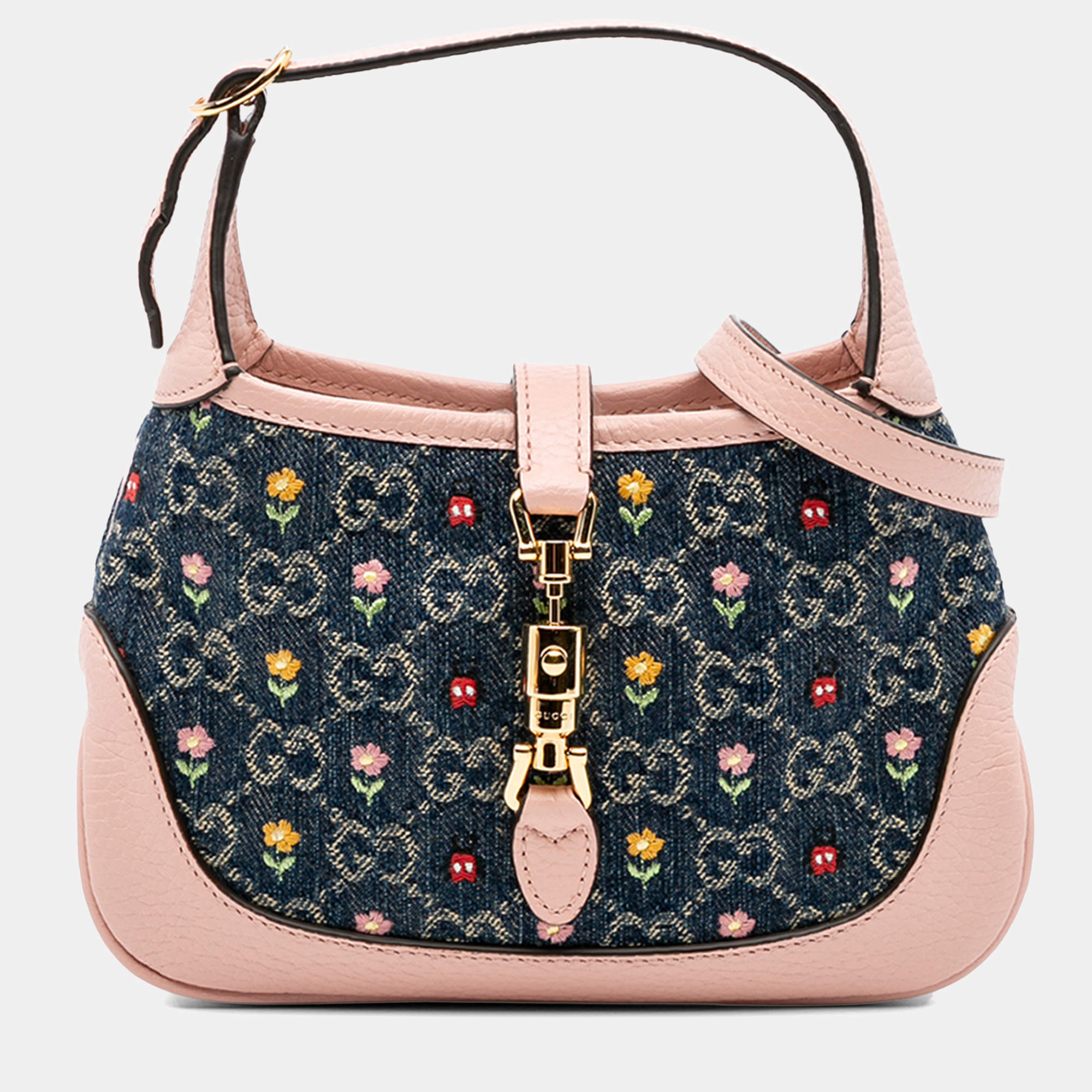 Pre Owned Gucci Blue Limited Edition Mini GG Denim Embroidered Floral Jackie 1961 Crossbody