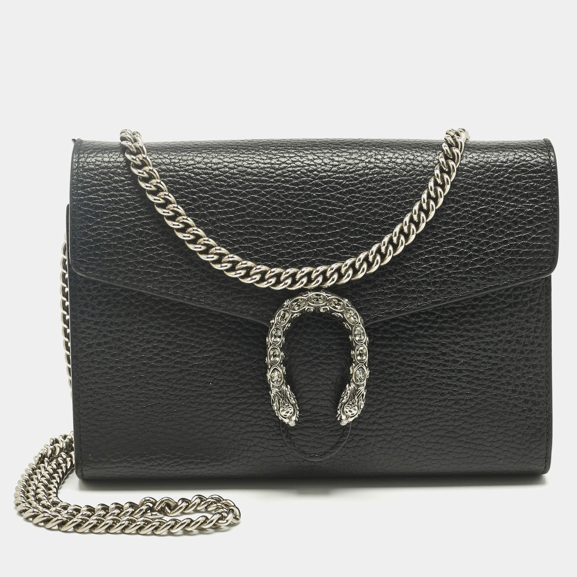 Pre Owned Gucci Black Leather Dionysus Wallet on Chain