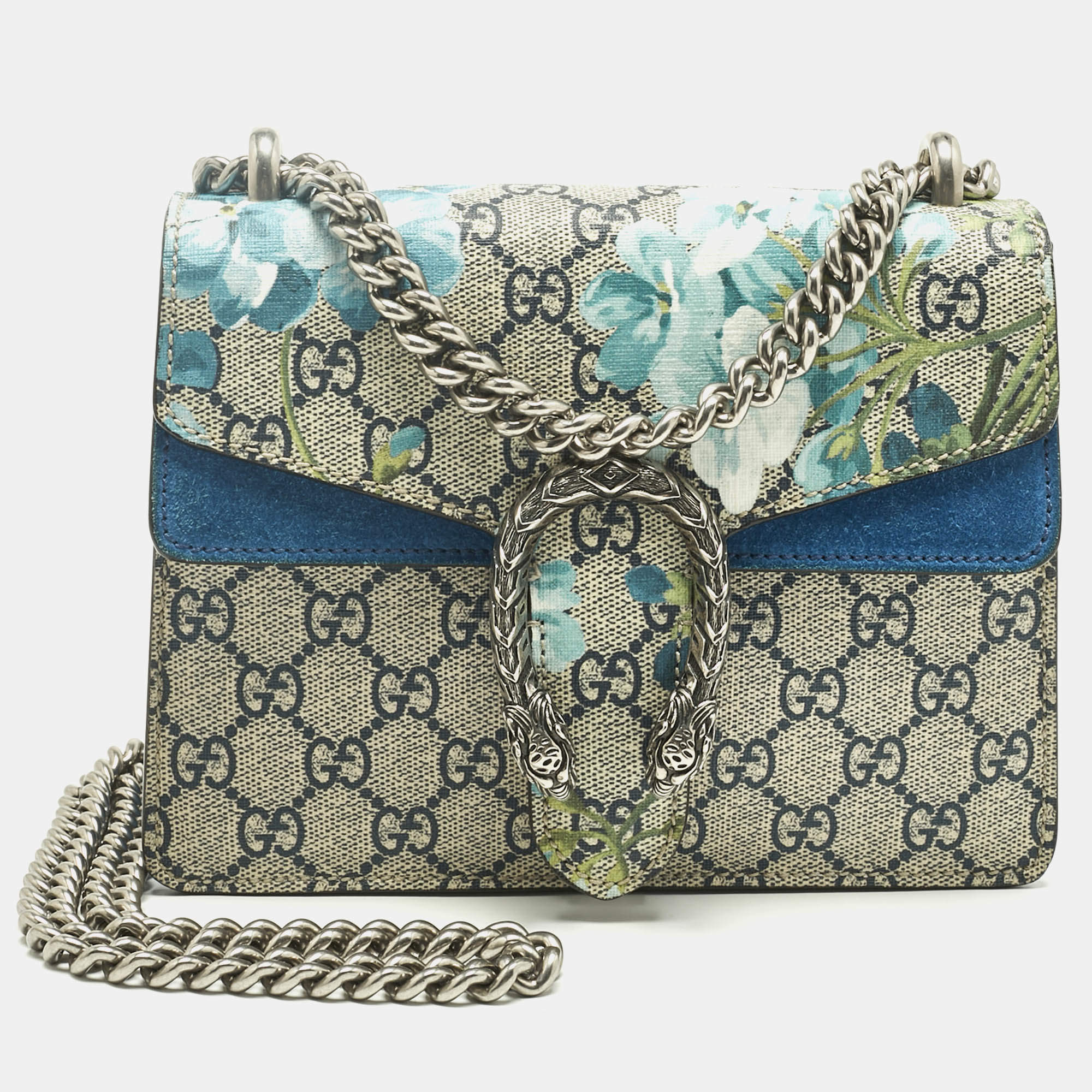 Pre Owned Gucci Beige/Blue GG Supreme Canvas and Suede Mini Blooms Dionysus Shoulder Bag