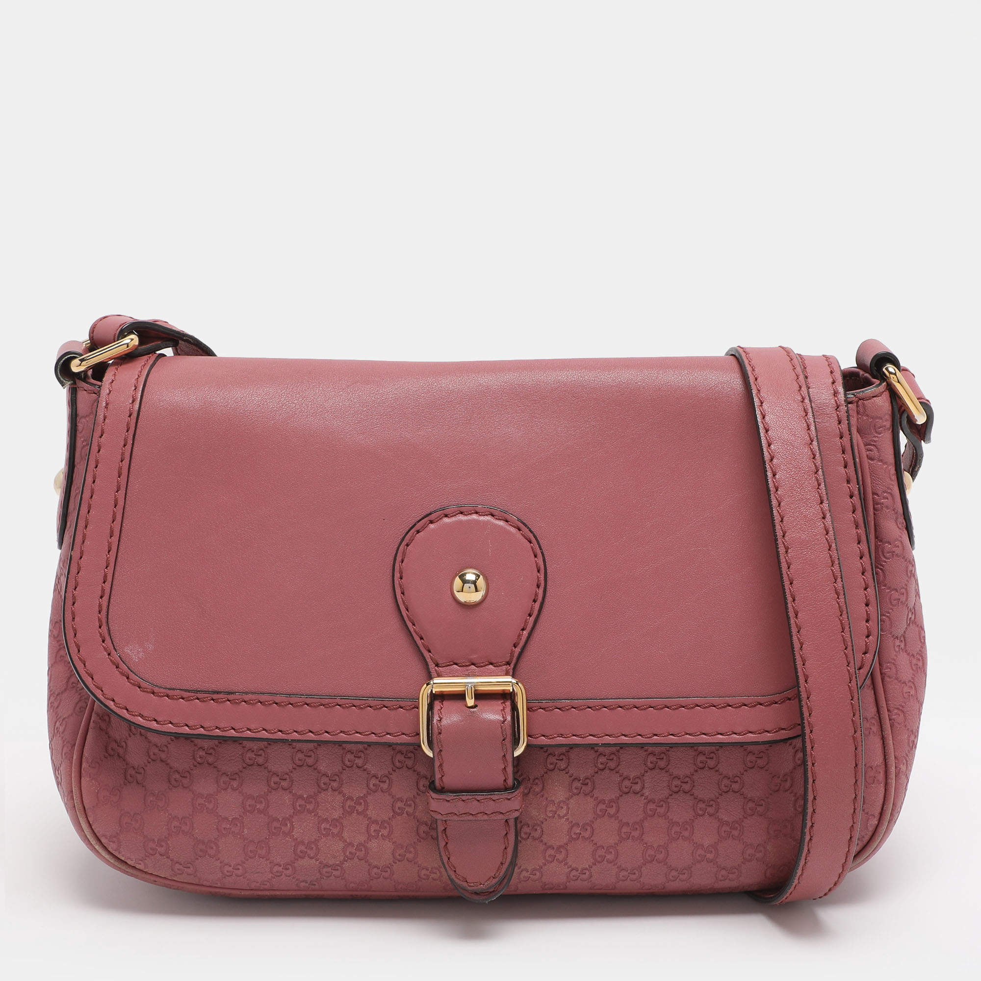 Pre Owned Gucci Old Rose Microguccissima Leather Buckle Flap Shoulder Bag
