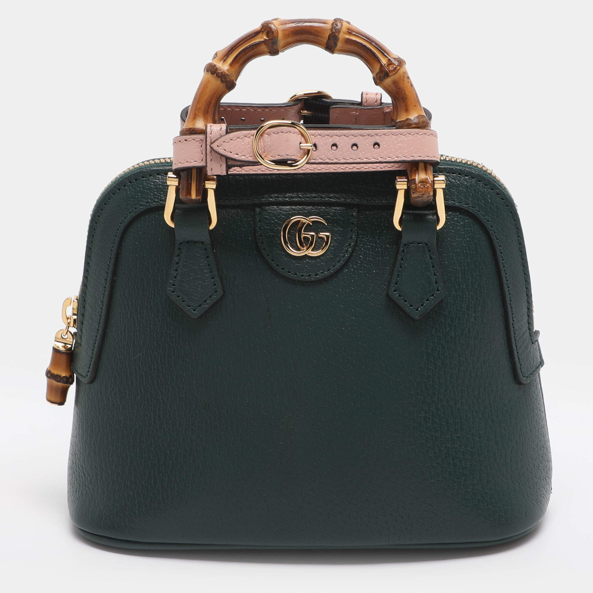 Pre Owned Gucci Green Leather Mini Bamboo Diana Dome Satchel