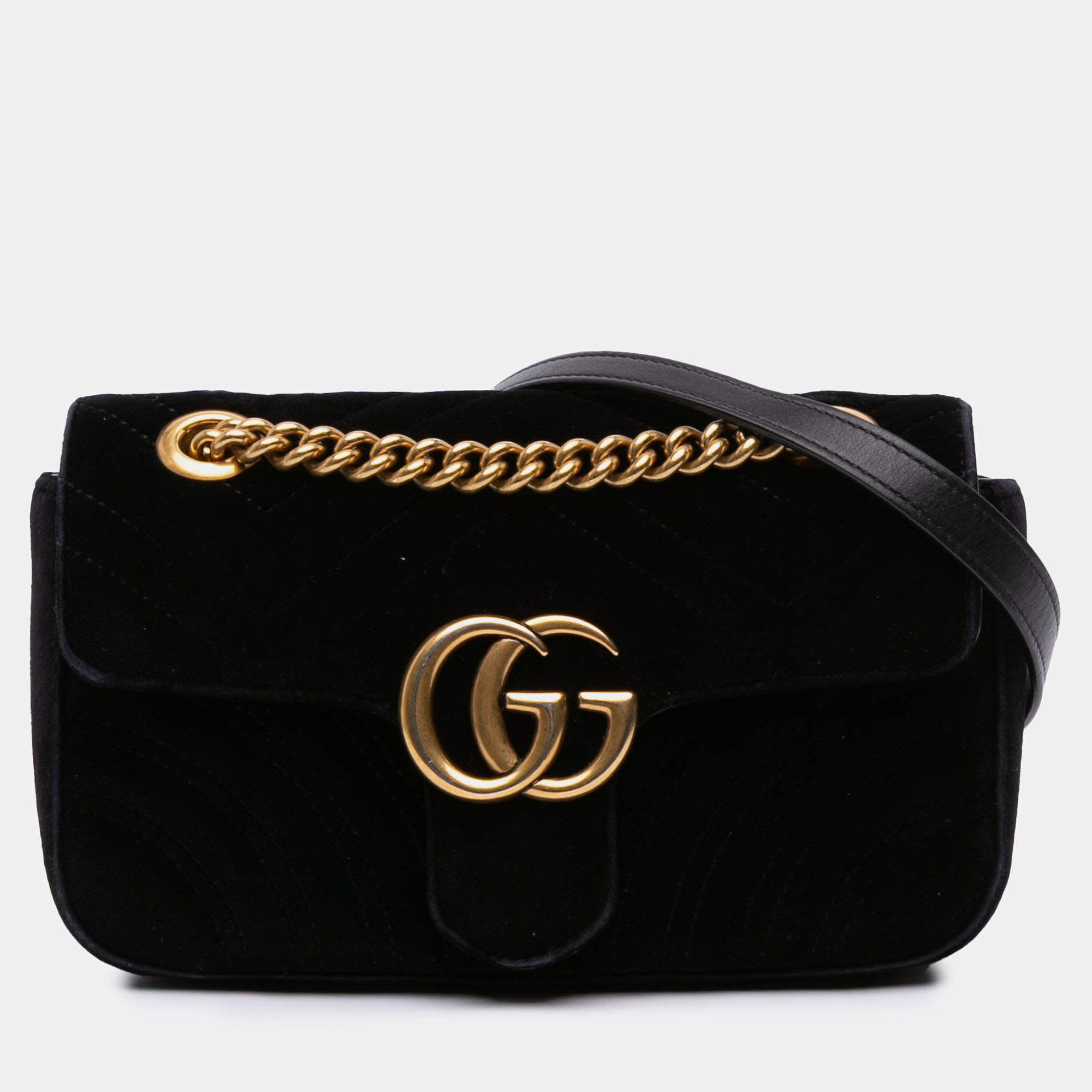 Pre Owned Gucci Black Small GG Marmont Matelasse Velvet Shoulder Bag