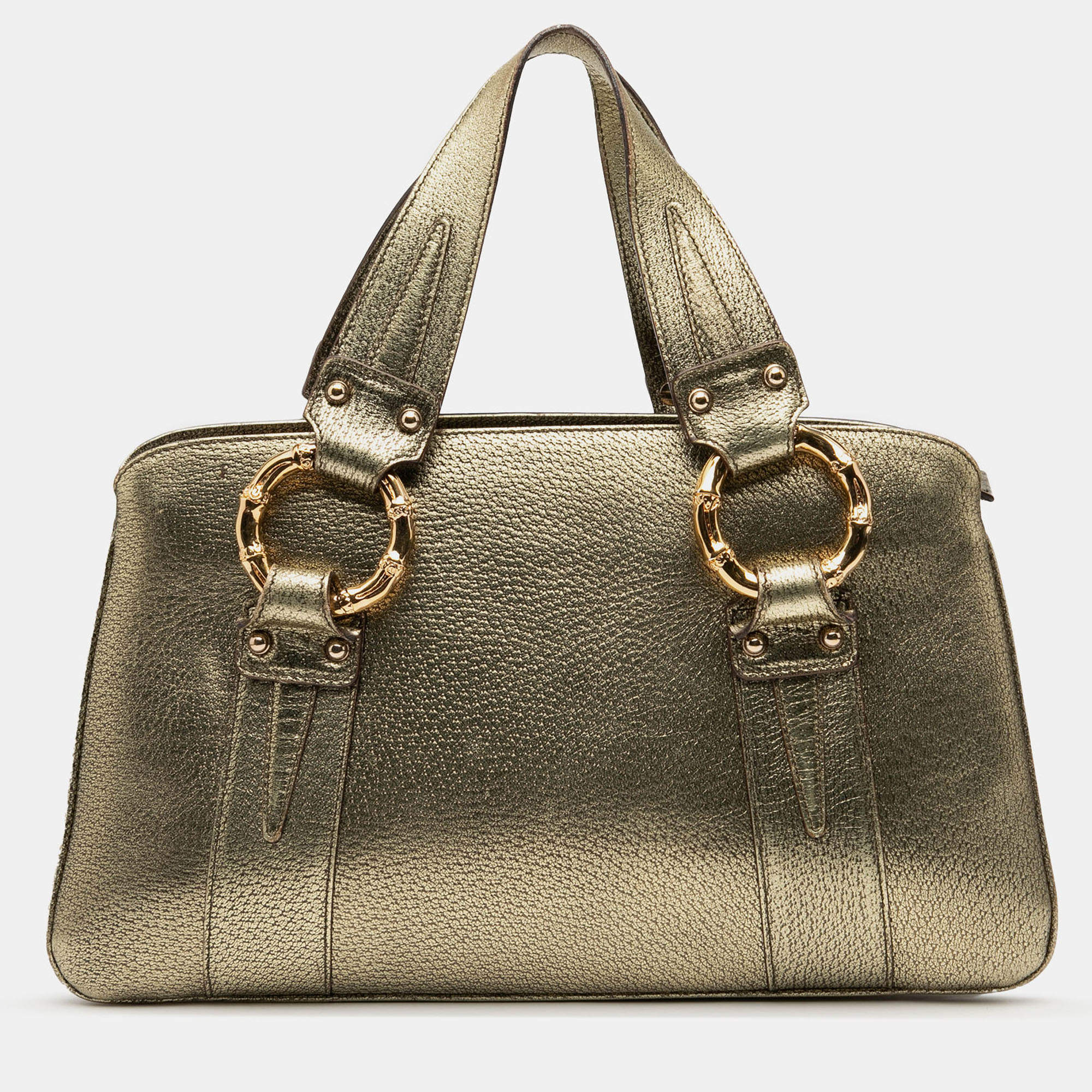 Pre Owned Gucci Gold Metallic Calfskin Metal Bamboo Handbag
