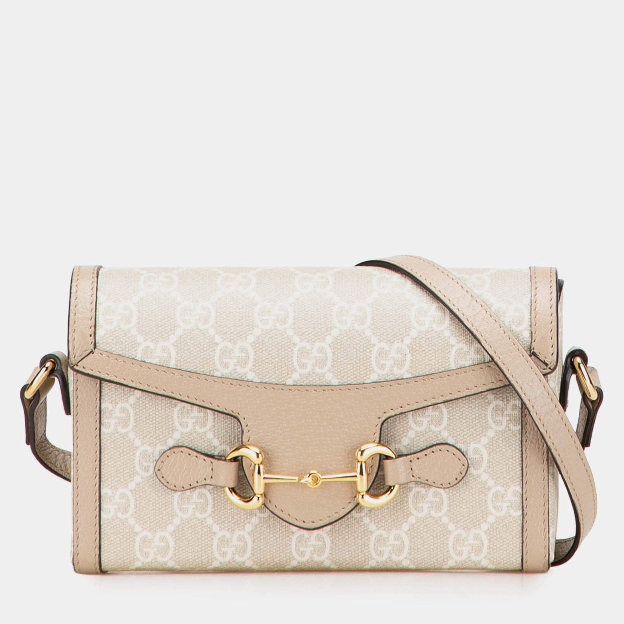 Pre Owned Gucci Beige Brown Mini GG Supreme Horsebit 1955 Crossbody