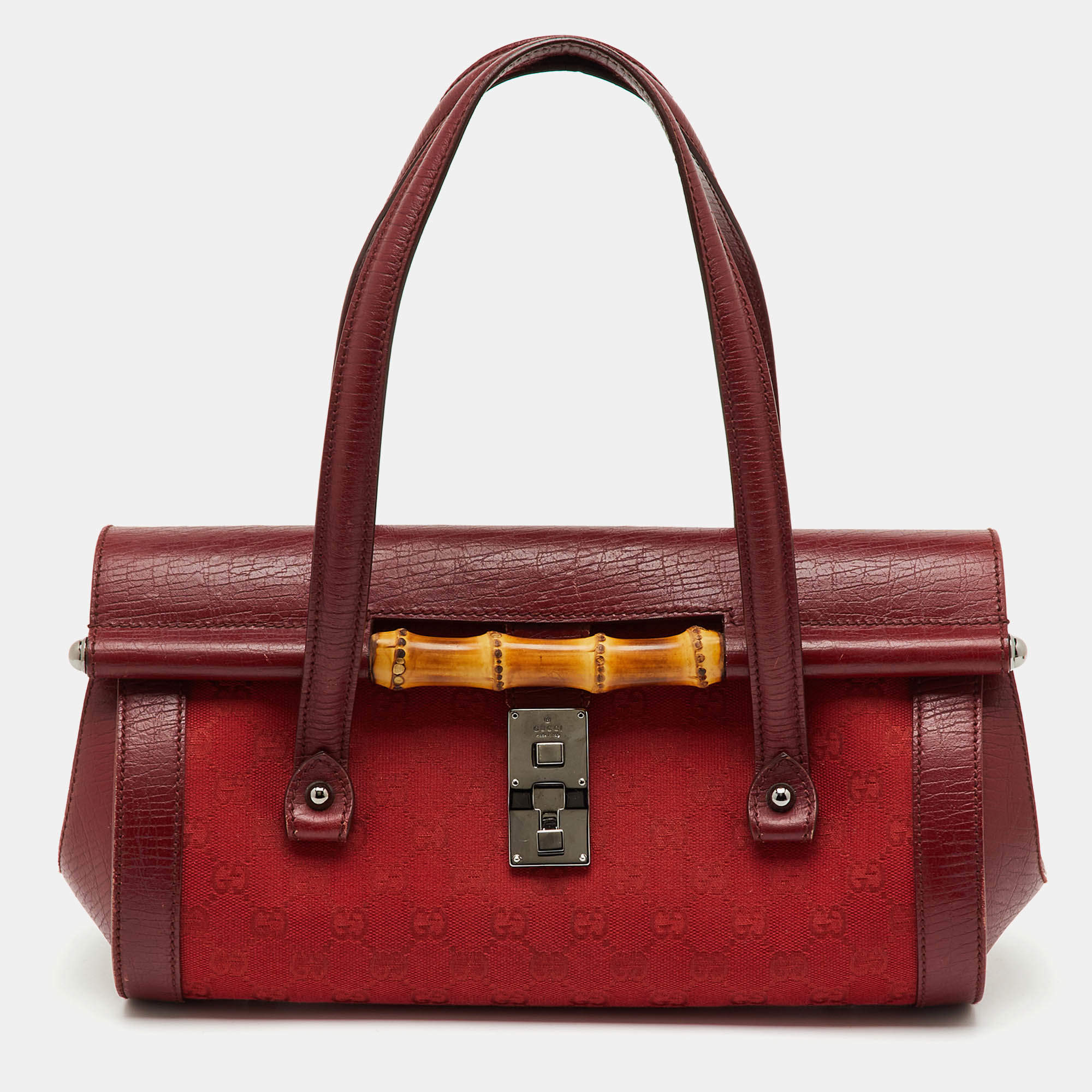 Pre Owned Gucci Red GG Canvas and Leather Bamboo Bullet Bag