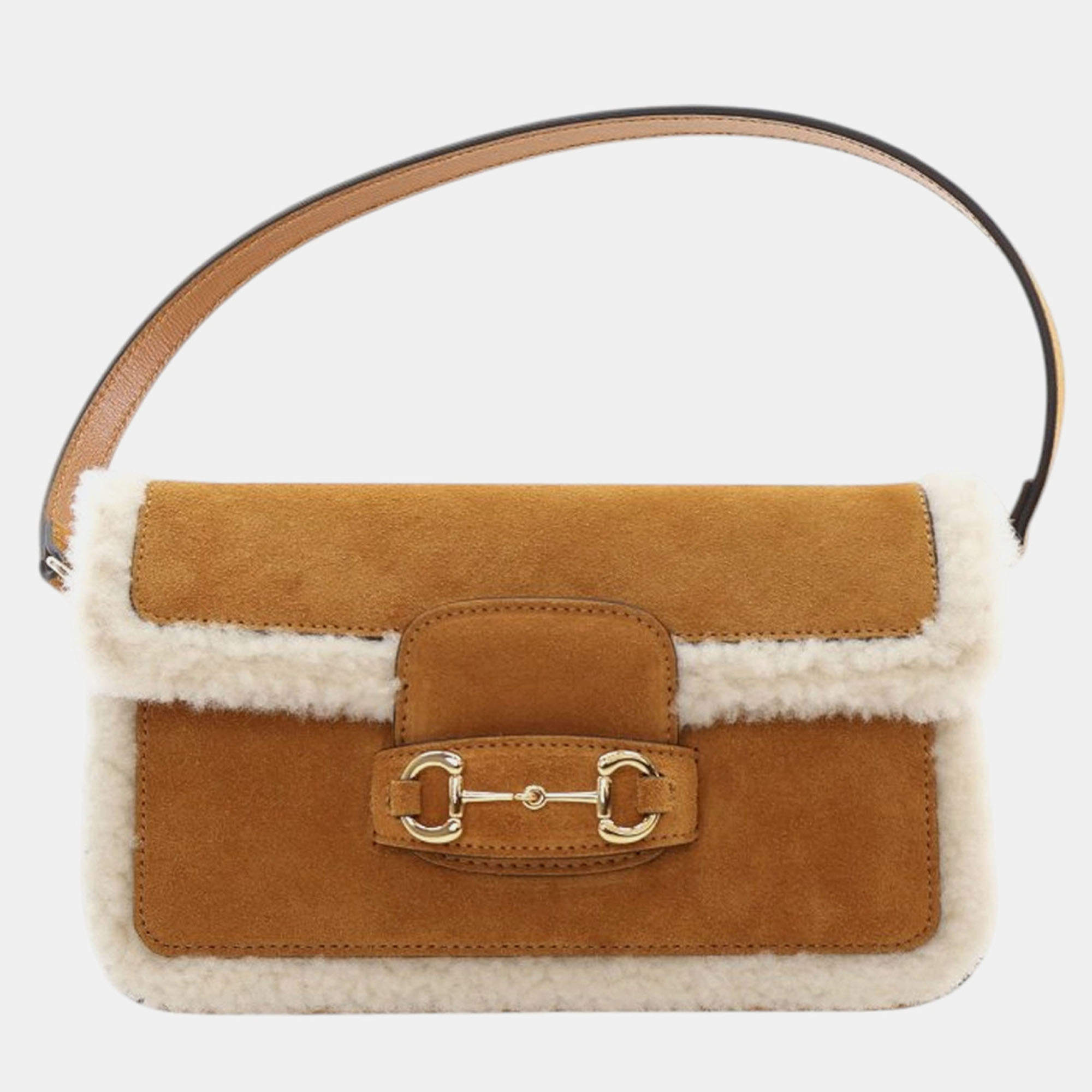 Pre Owned Gucci Brown White Mini Shearling Suede 1955 Horsebit Handbag