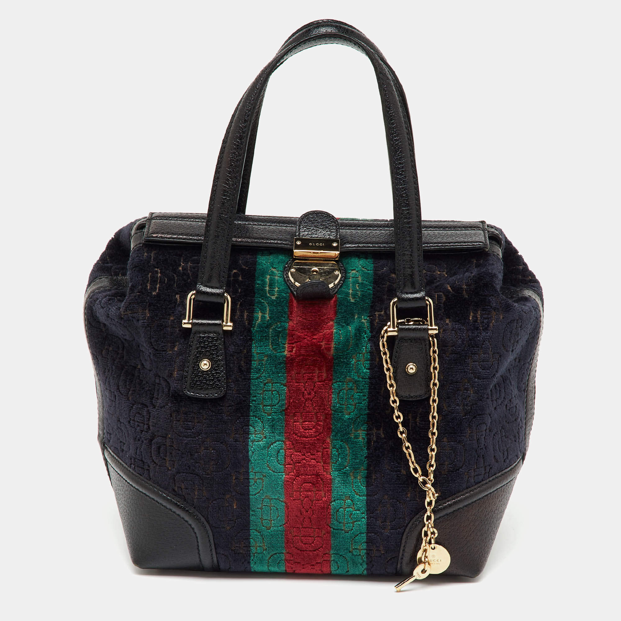 Pre Owned Gucci Multicolor Leather and Velvet Horsebit Embossed Velour Web Treasure Satchel