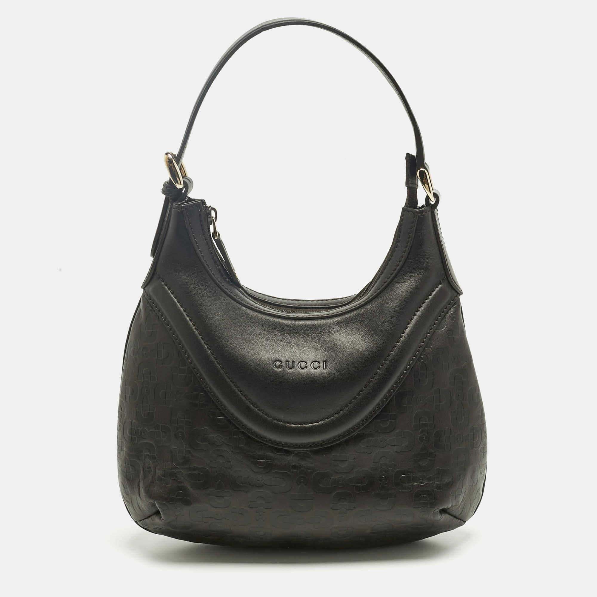 Pre Owned Gucci Choco Brown Horsebit Embossed Leather Small Shoulder Bag