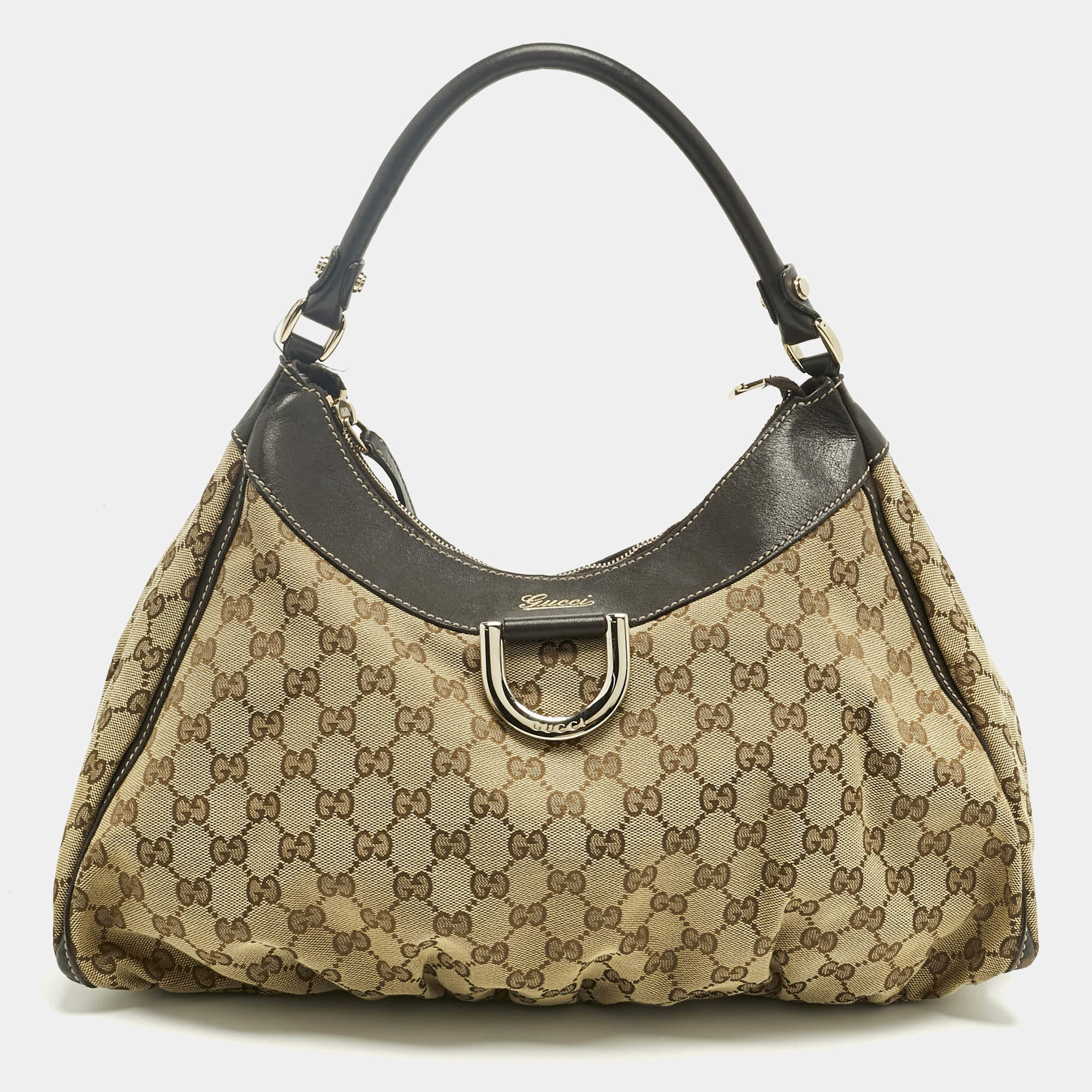 Pre Owned Gucci Brown/Beige GG Canvas and Leather Abbey D-Ring Hobo