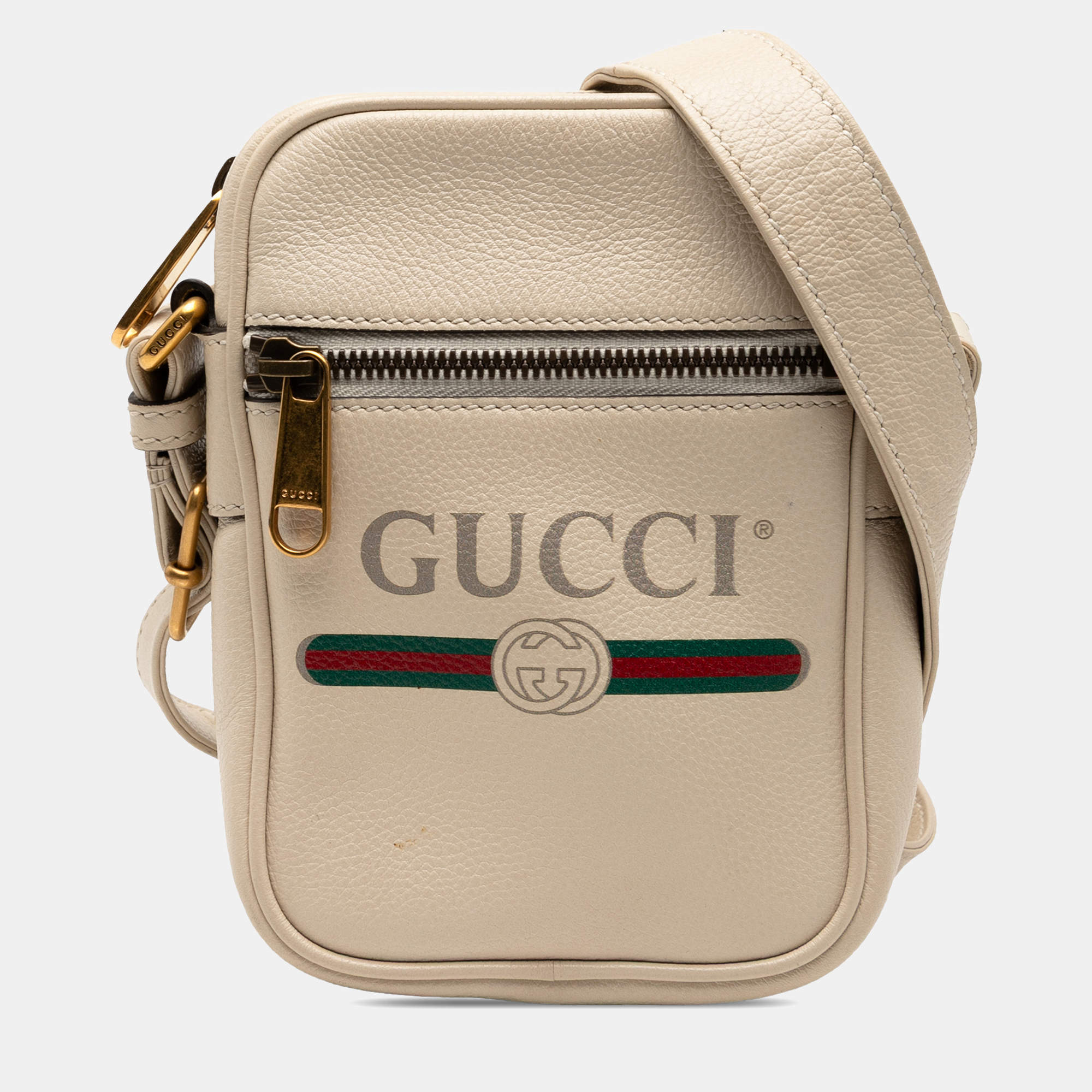 Pre Owned Gucci White Mini Grained Calfskin Logo Crossbody