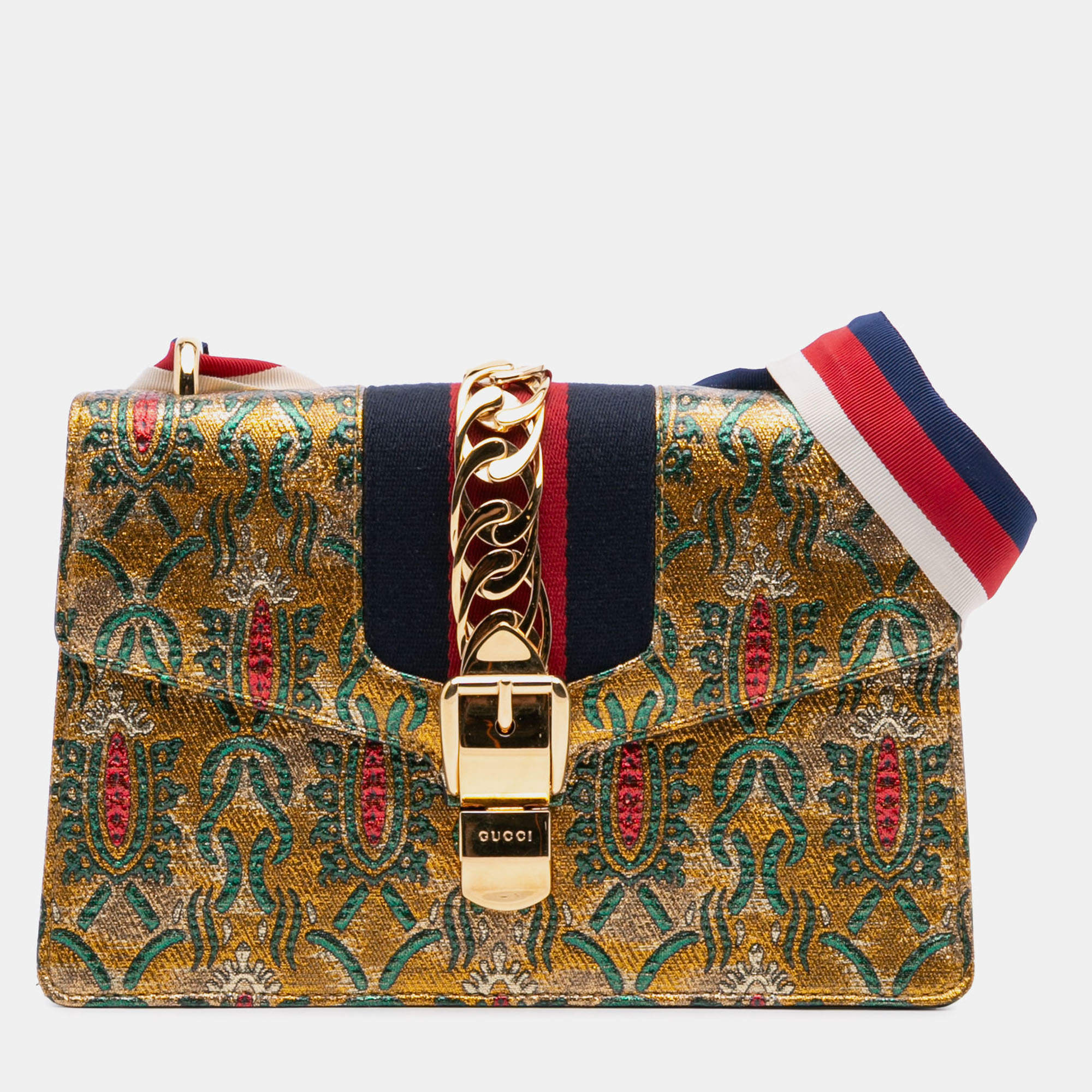 Pre Owned Gucci Gold Small Canvas Brocade Sylvie Satchel