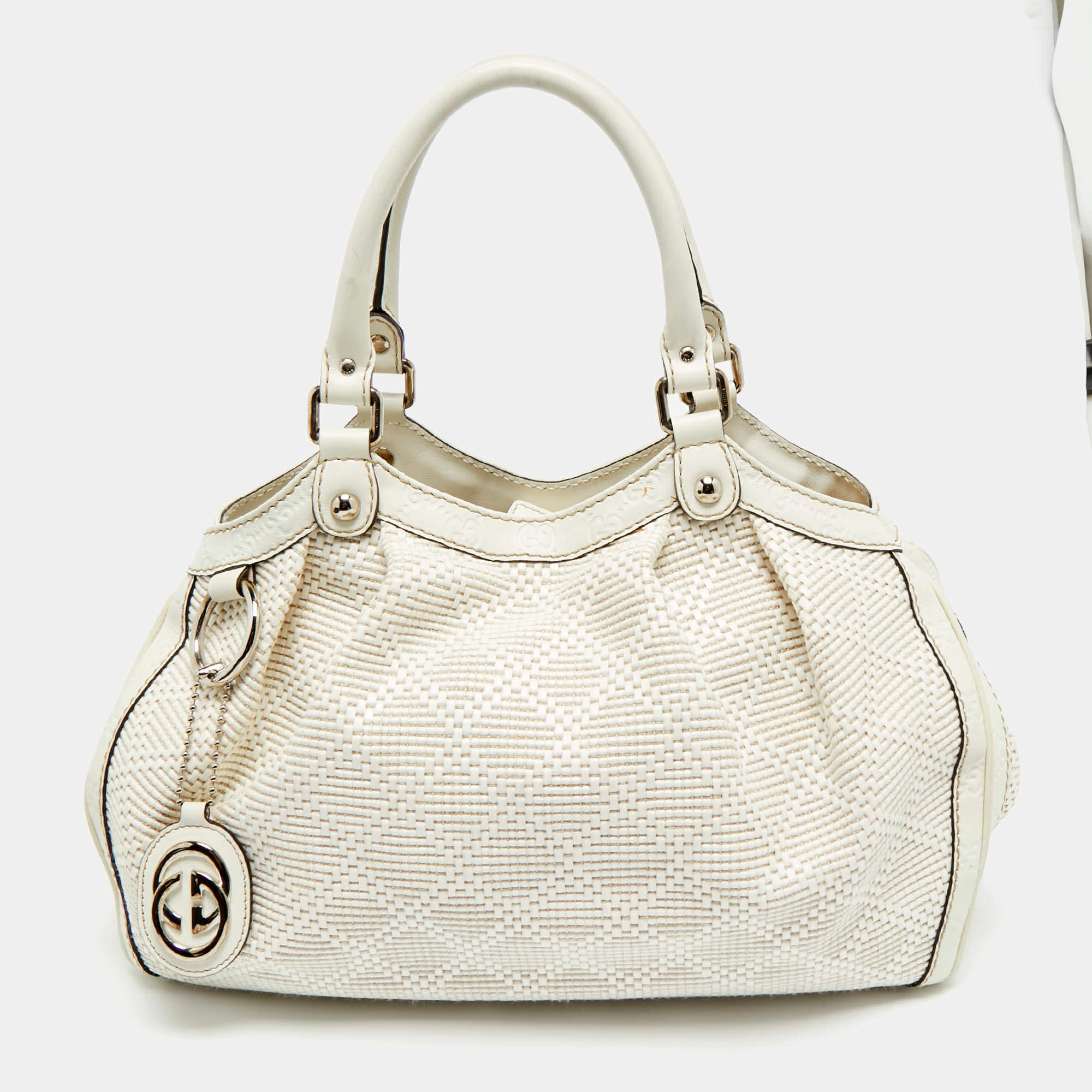 Pre Owned Gucci White Diamante Straw and Leather Medium Sukey Tote