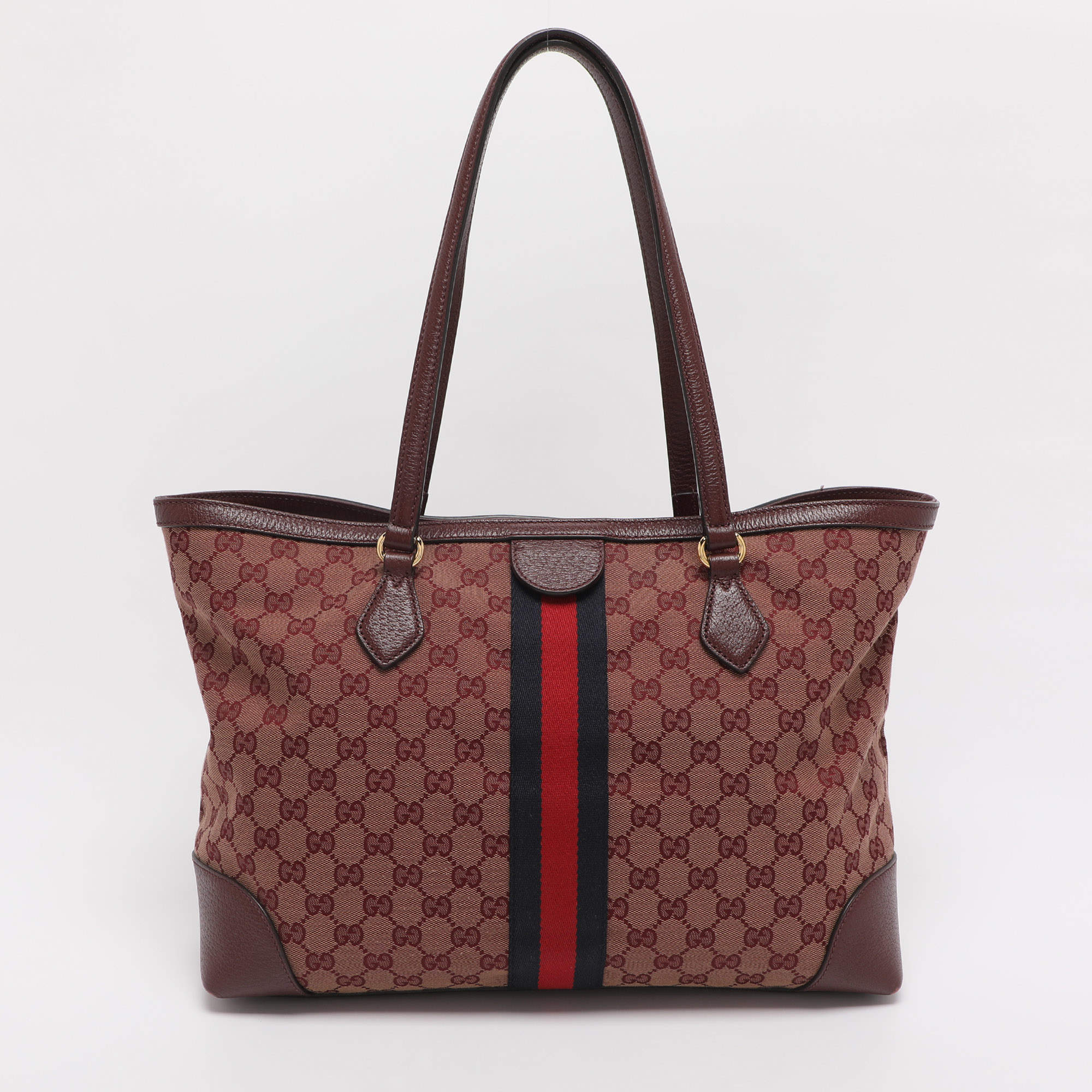 Pre Owned Gucci Red GG Canvas and Leather Medium Web Ophidia Tote