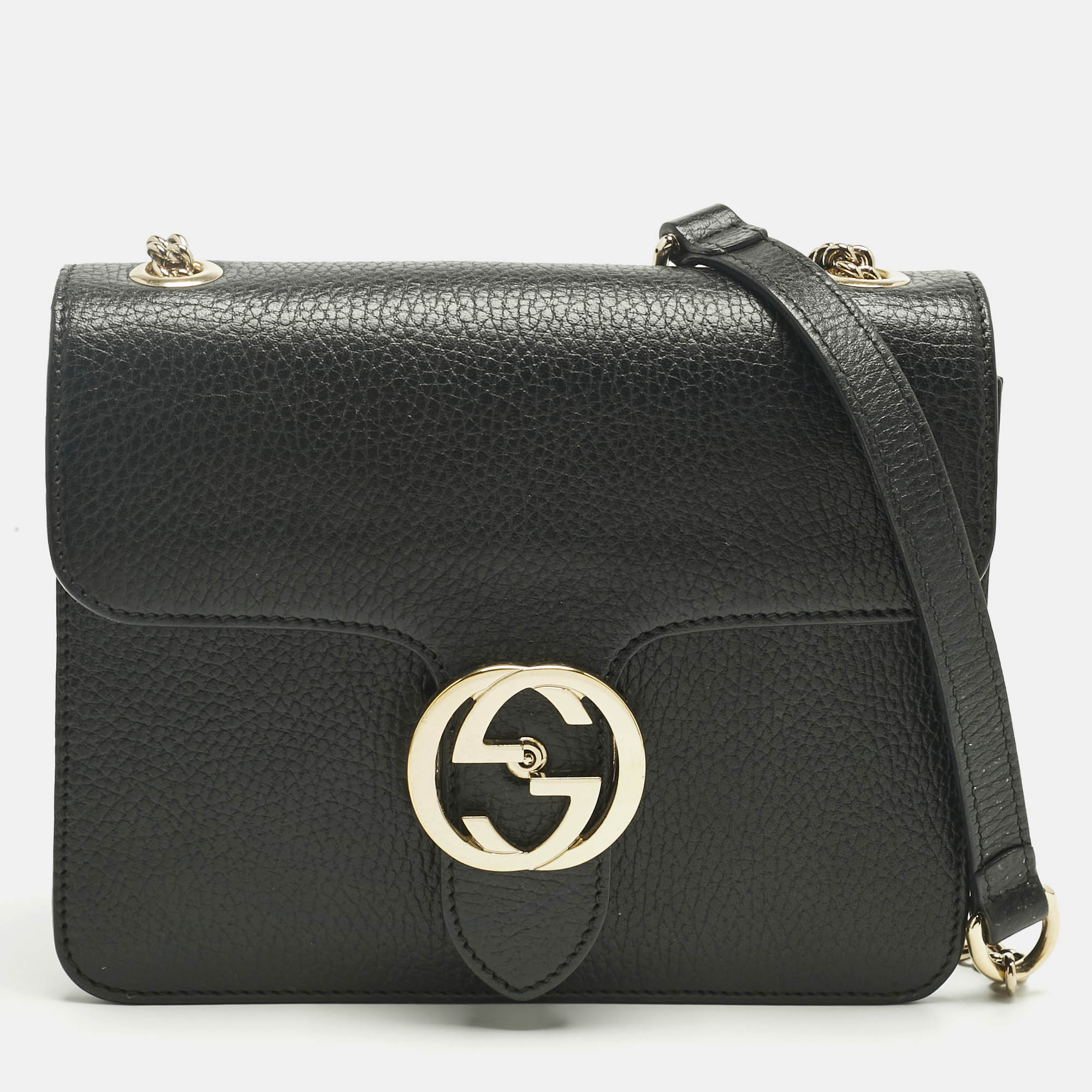 Pre Owned Gucci Black Leather Dollar Interlocking G Flap Chain Shoulder Bag