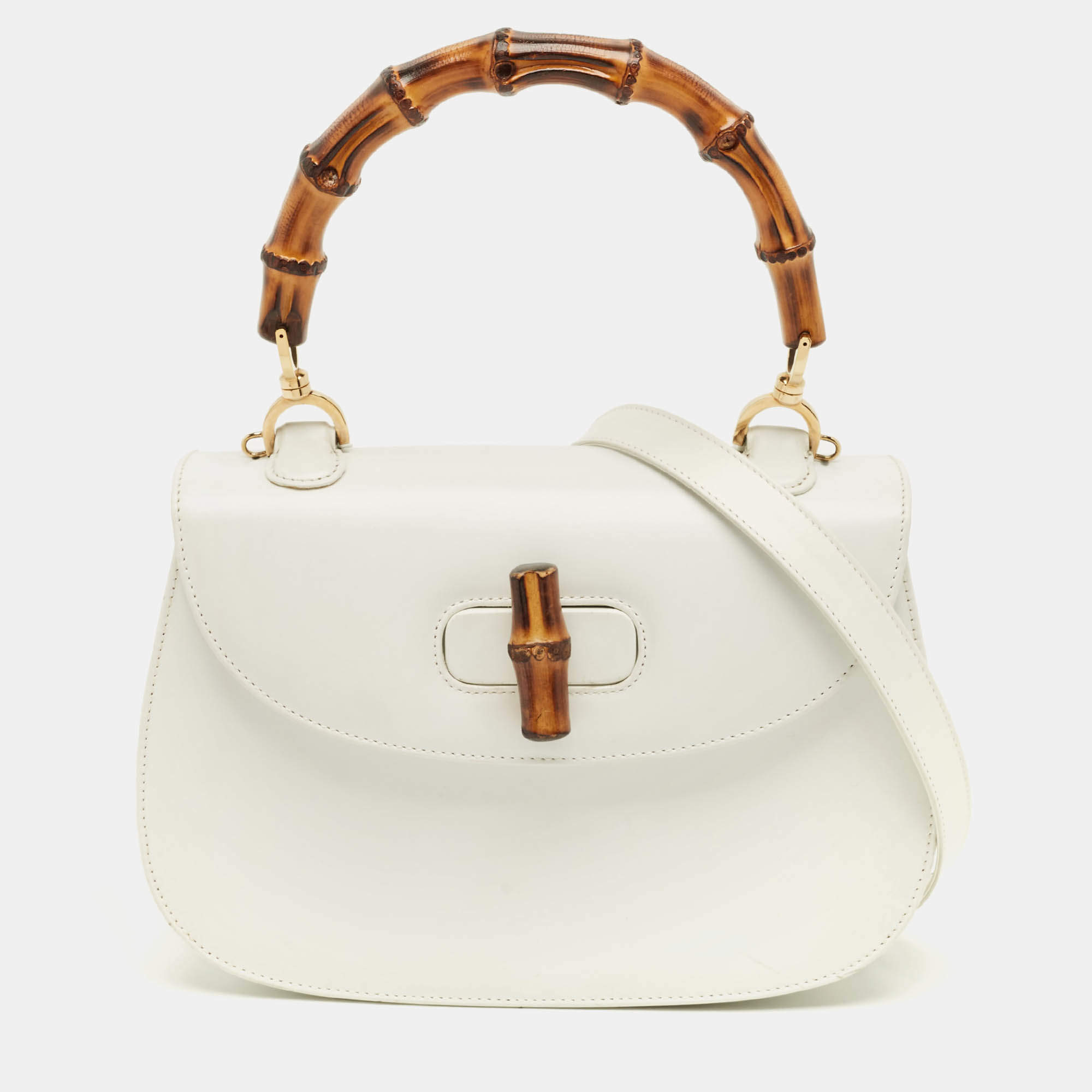 Pre Owned Gucci White Leather Centennial Bamboo Top Handle Bag
