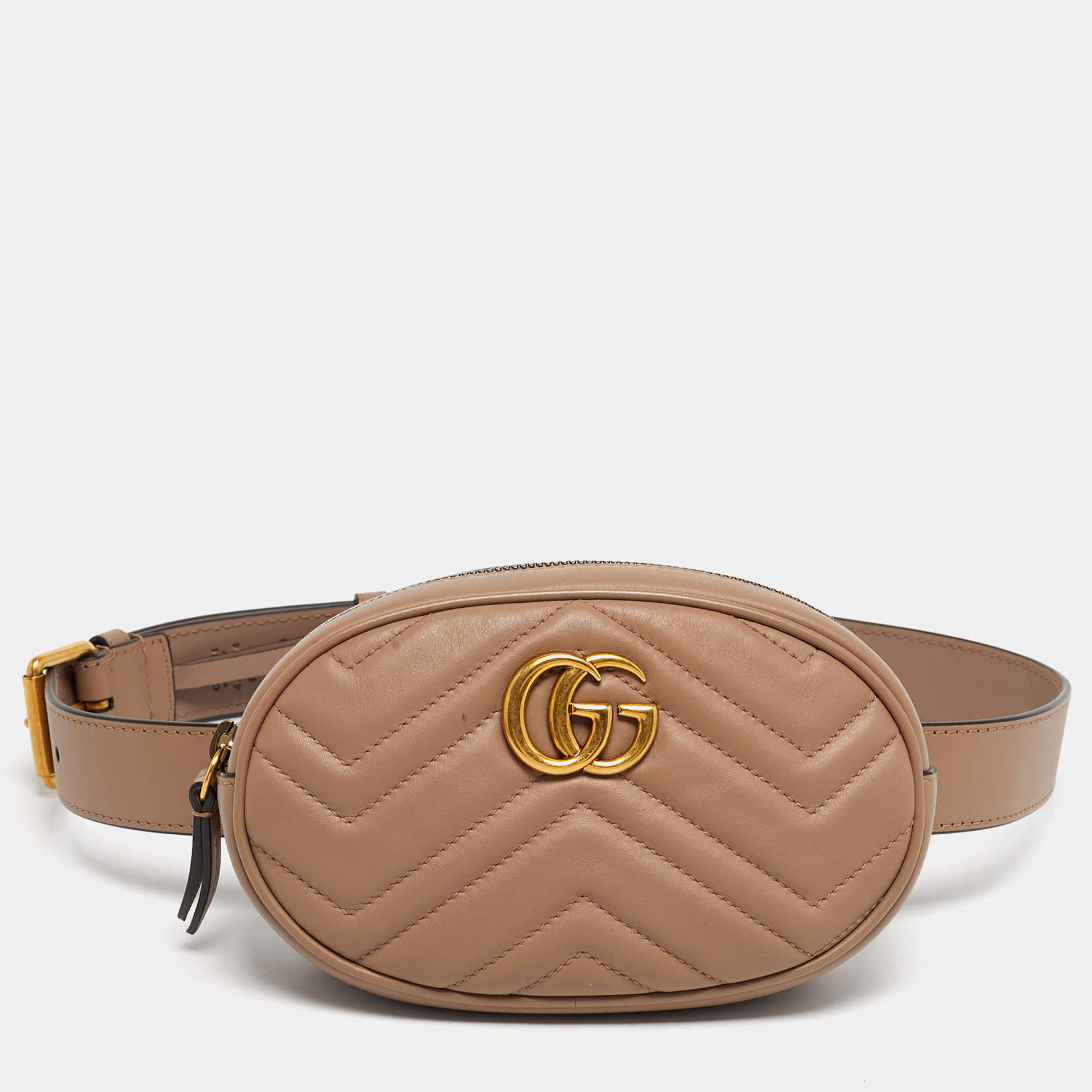 Pre Owned Gucci Dusty Pink Matelassé Leather GG Marmont Belt Bag