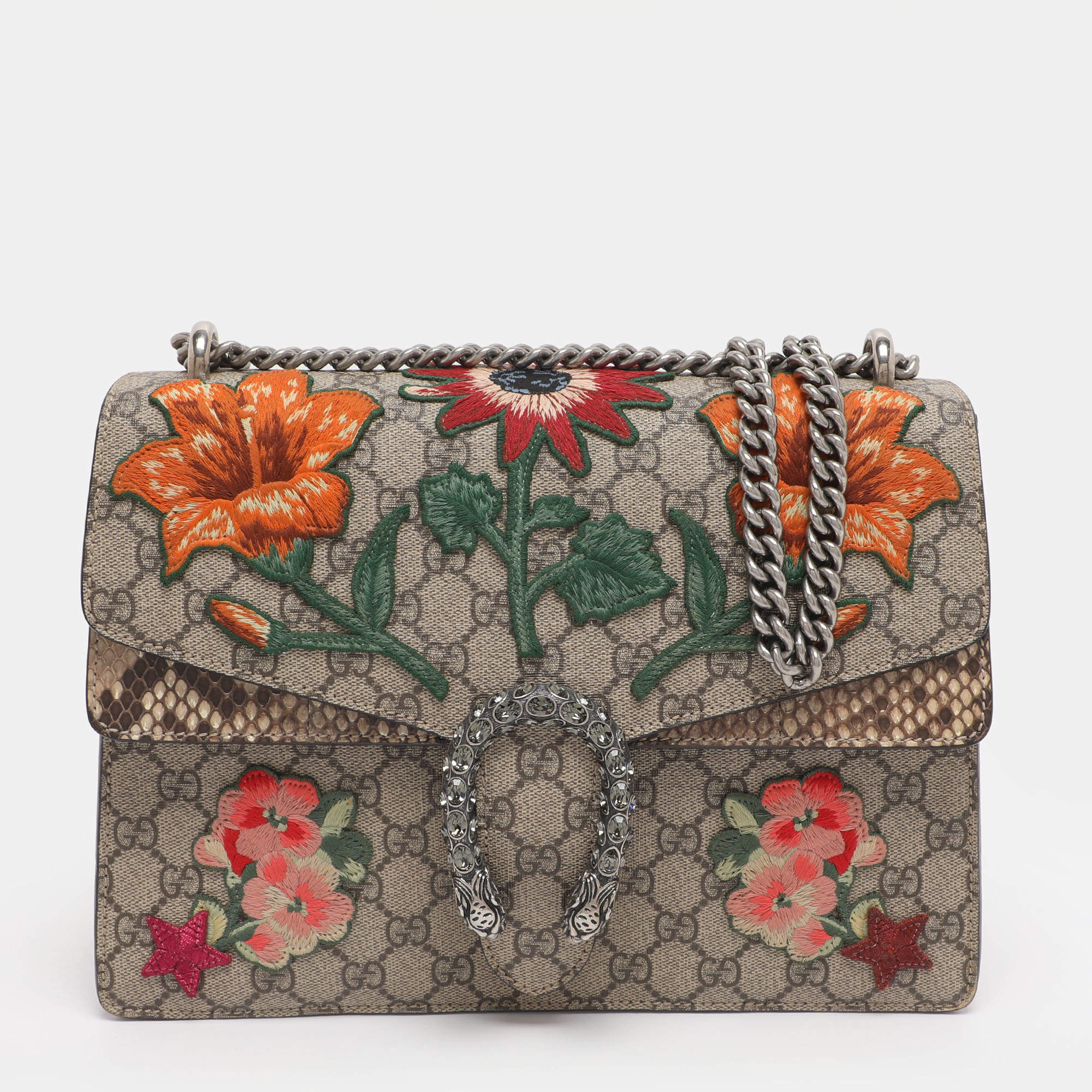 Pre Owned Gucci Beige GG Supreme Canvas Medium Embroidered Dionysus Shoulder Bag