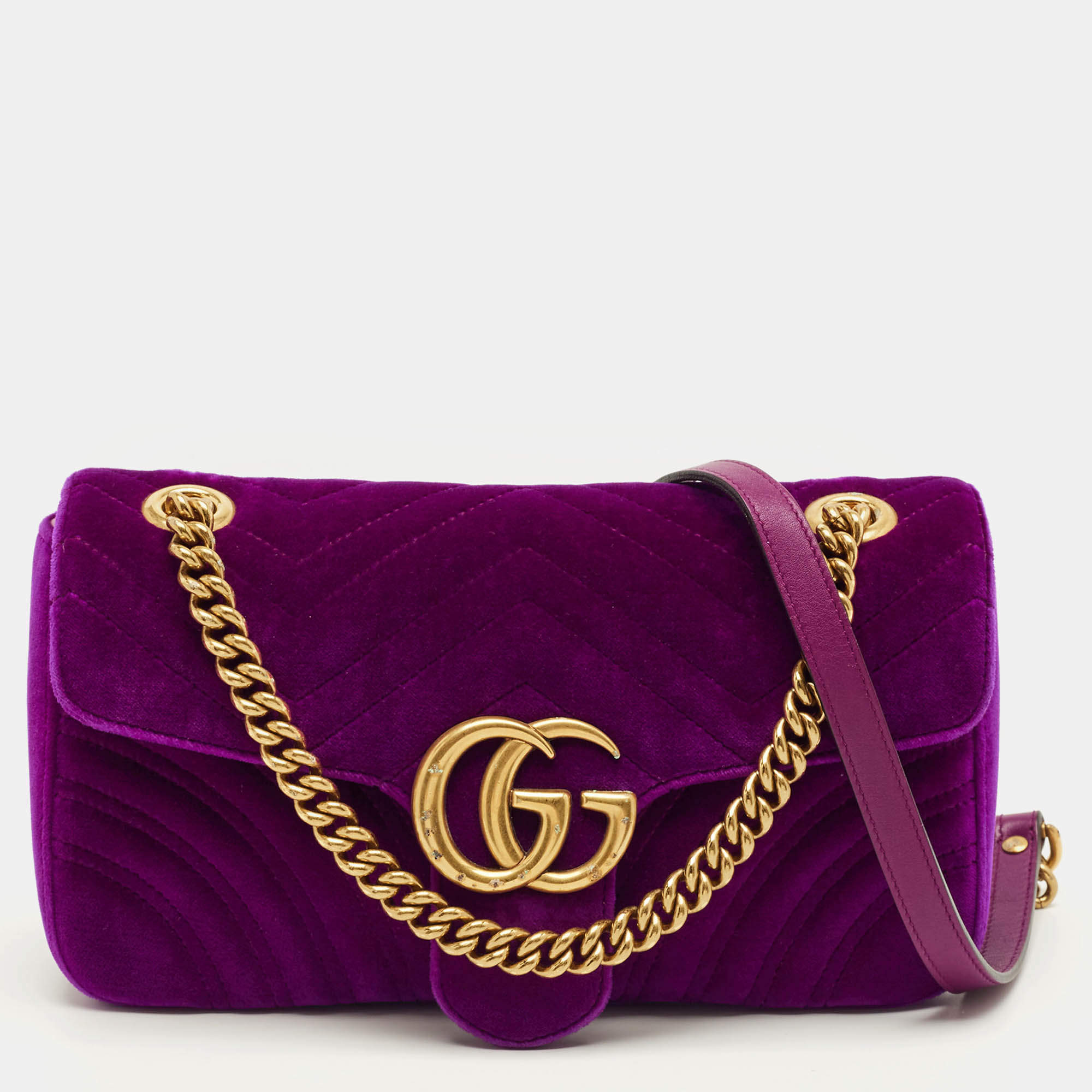 Pre Owned Gucci Purple Matelasse Velvet Small GG Marmont Shoulder Bag